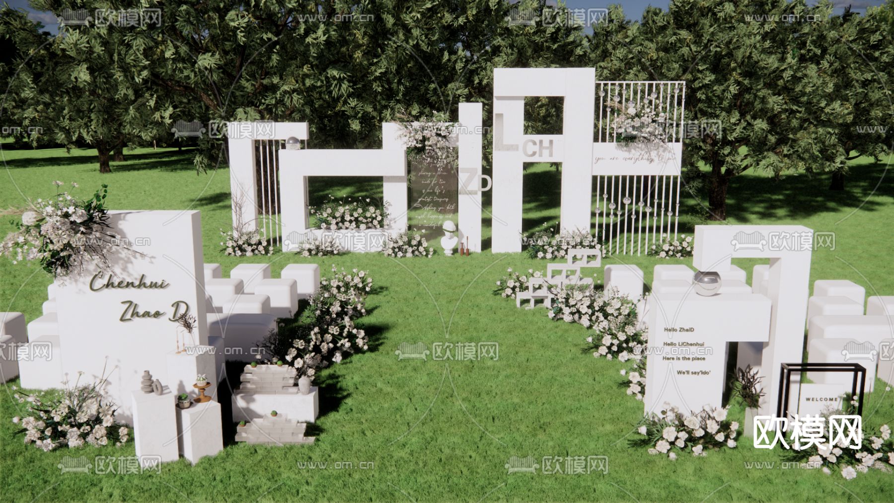 现代白绿色草坪婚礼su模型下载（渲染图4）