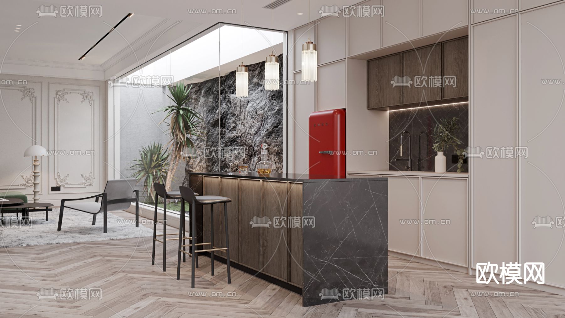 法式轻奢会客厅3d模型下载（渲染图2）