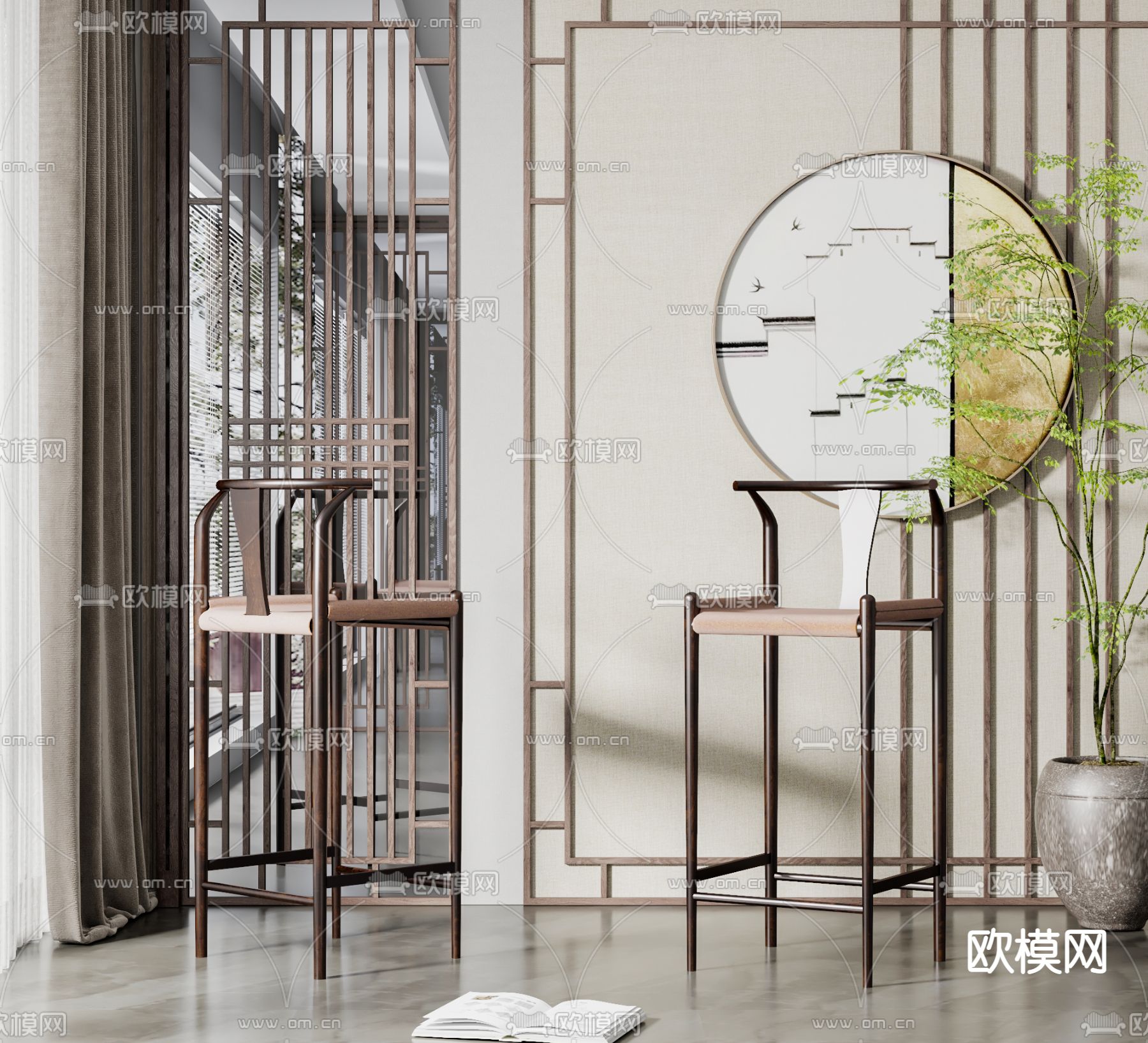 新中式实木吧台椅3d模型下载