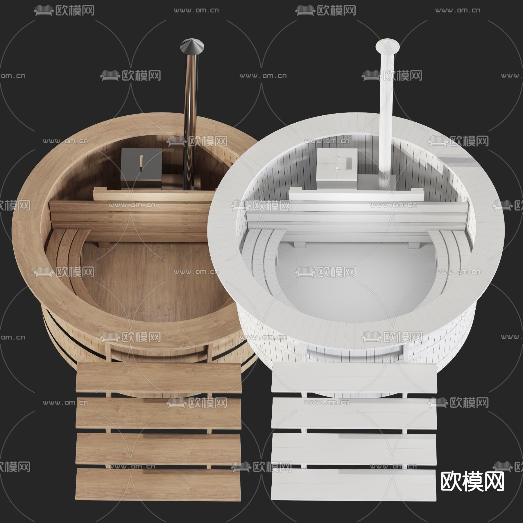 北欧多功能圆形木桶浴缸3d模型下载（渲染图2）