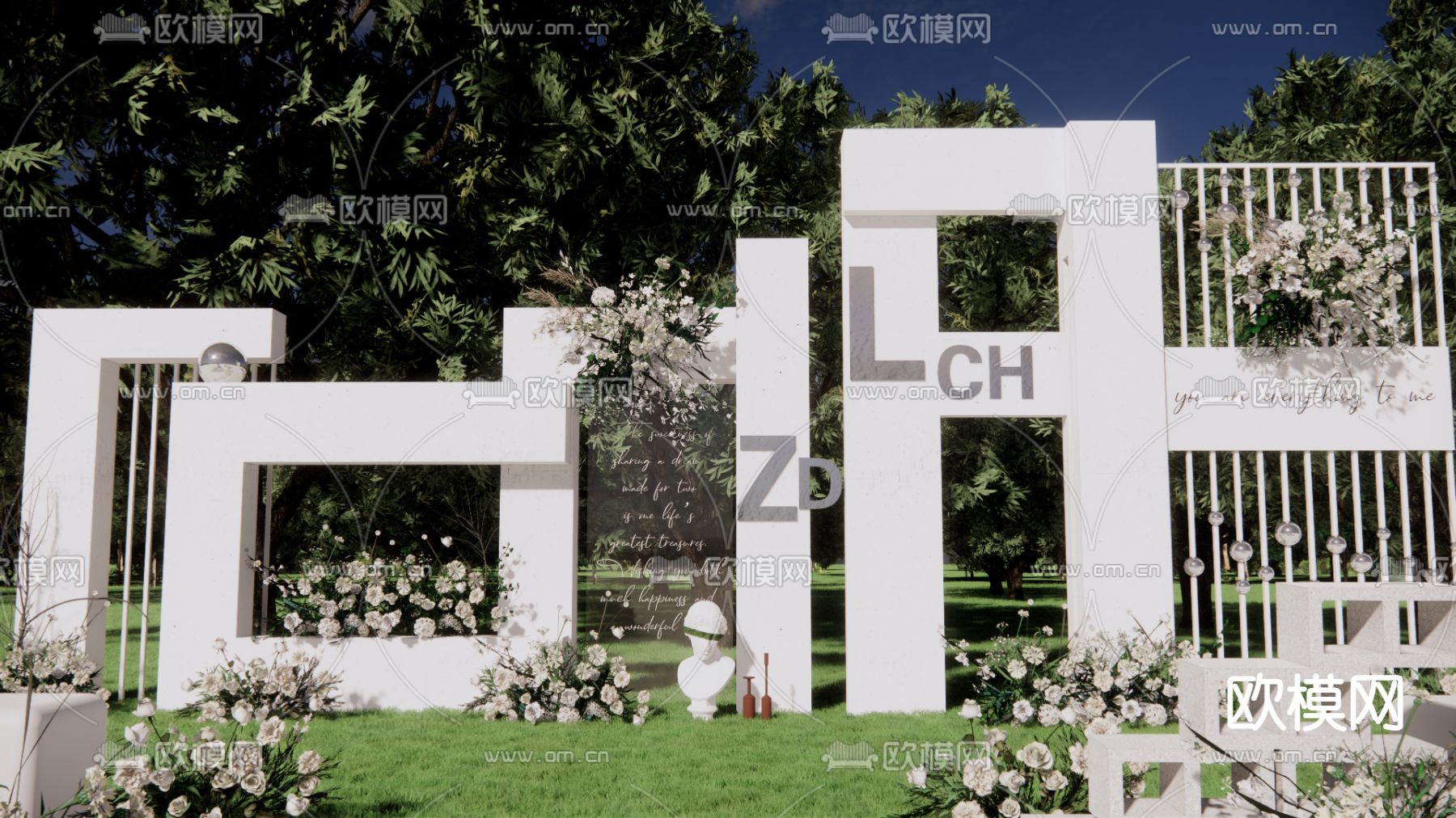 现代白绿色草坪婚礼su模型下载（渲染图5）