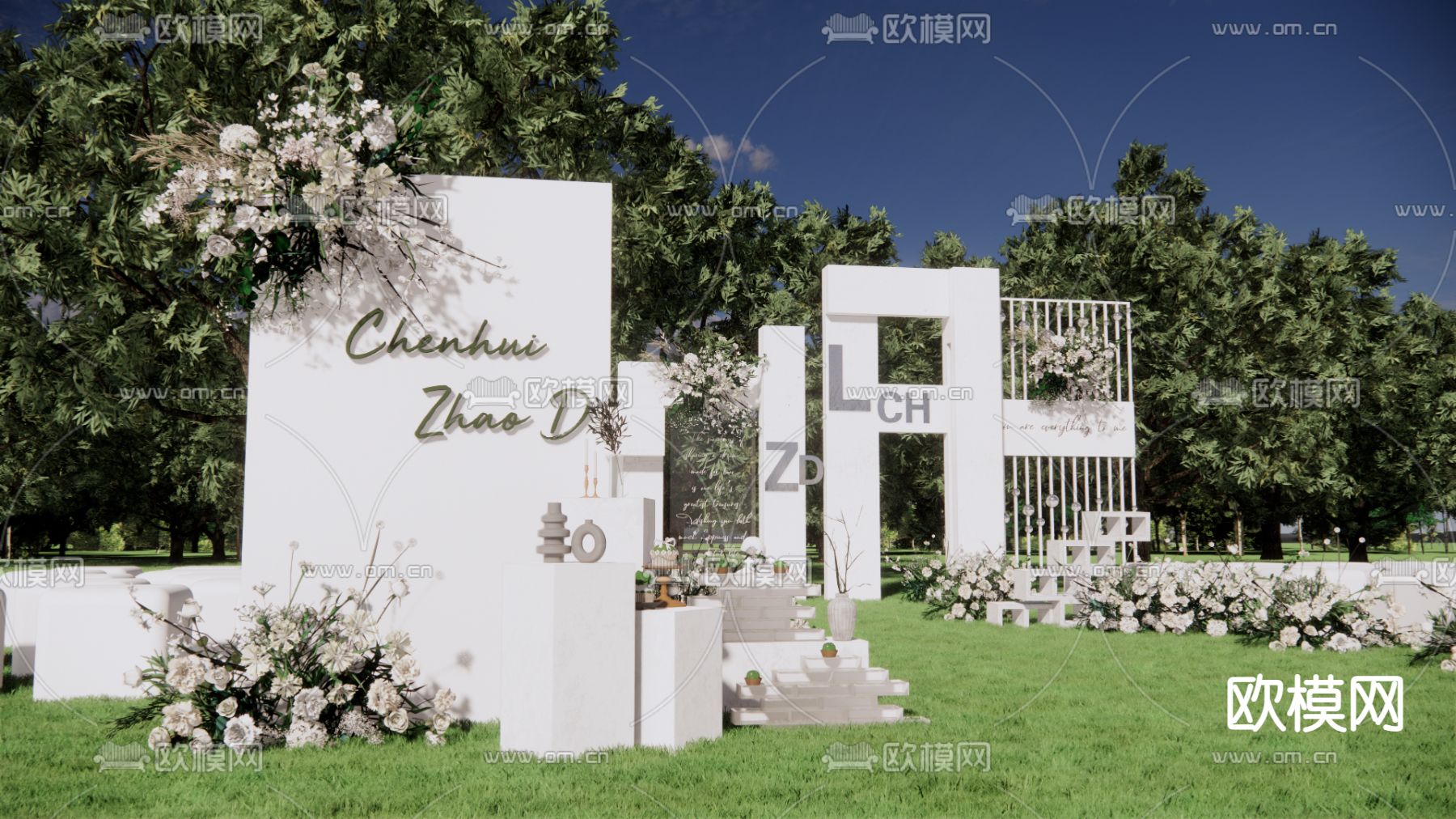 现代白绿色草坪婚礼su模型下载（渲染图2）