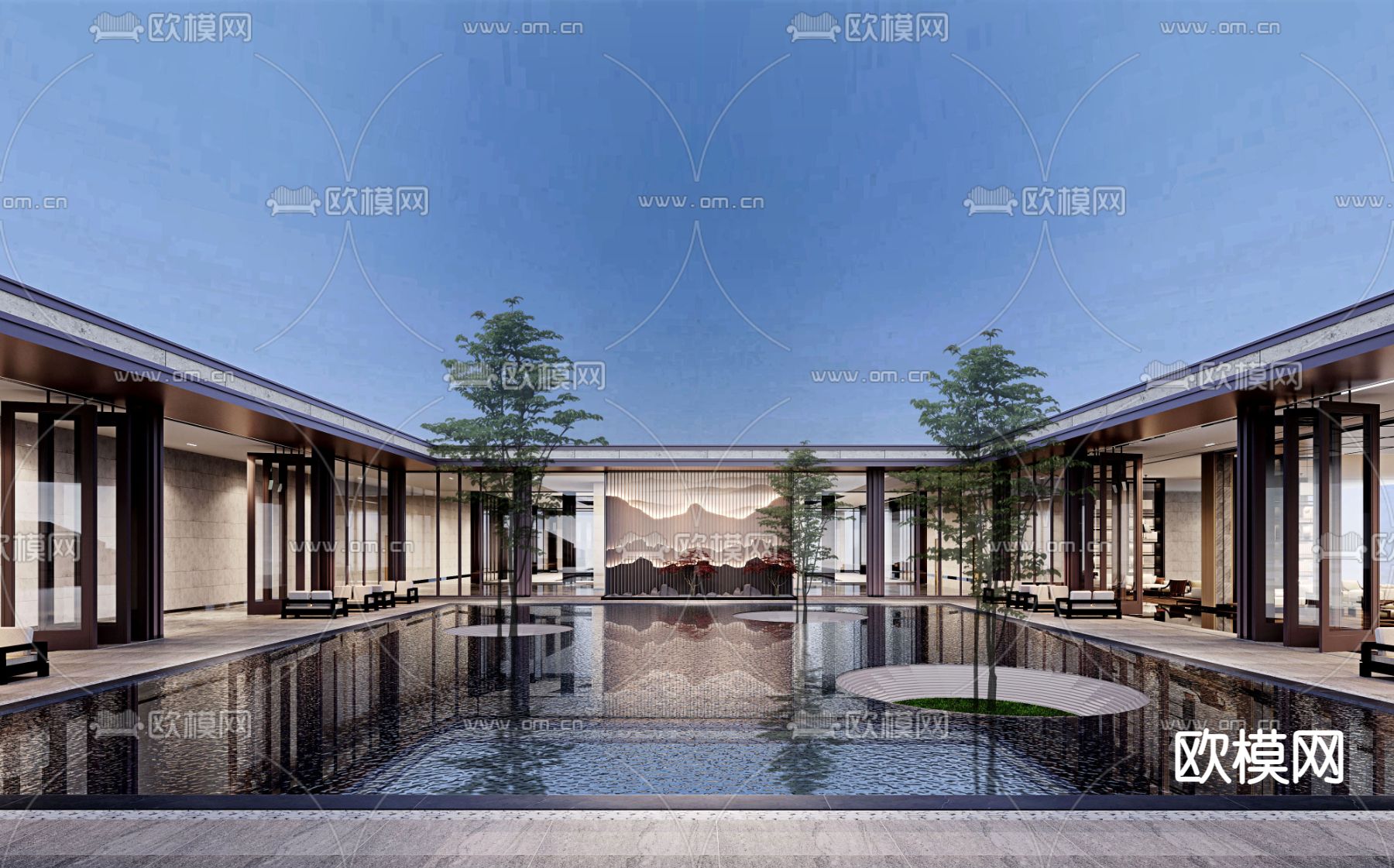新中式酒店中庭3d模型下载