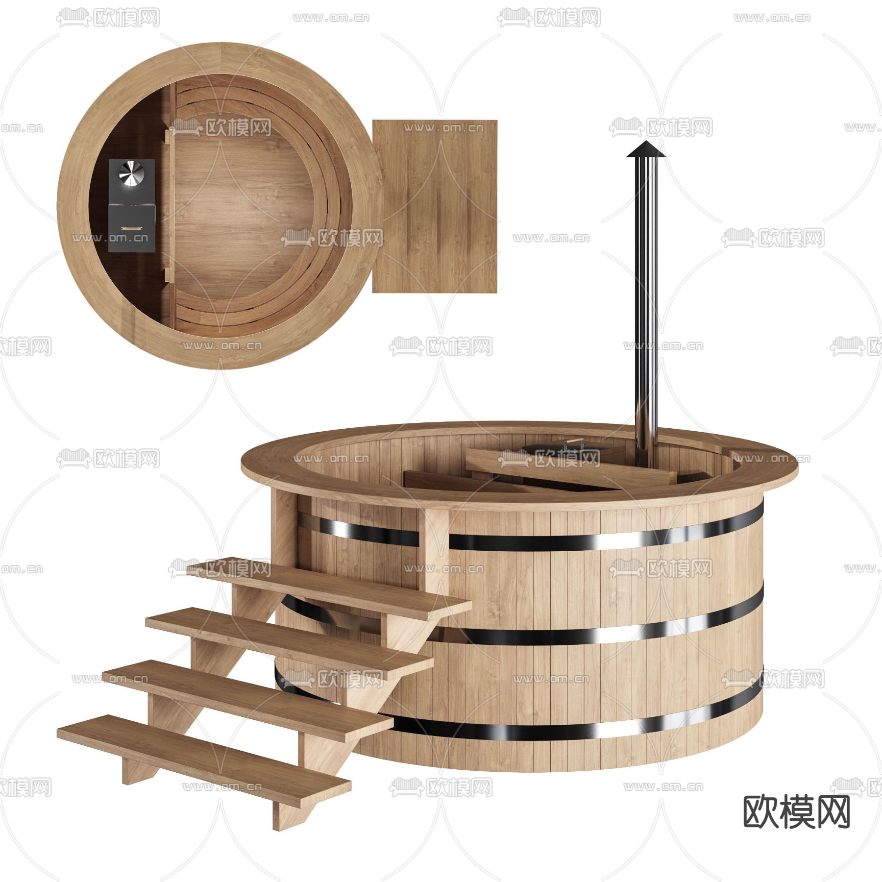 北欧多功能圆形木桶浴缸3d模型下载（渲染图1）