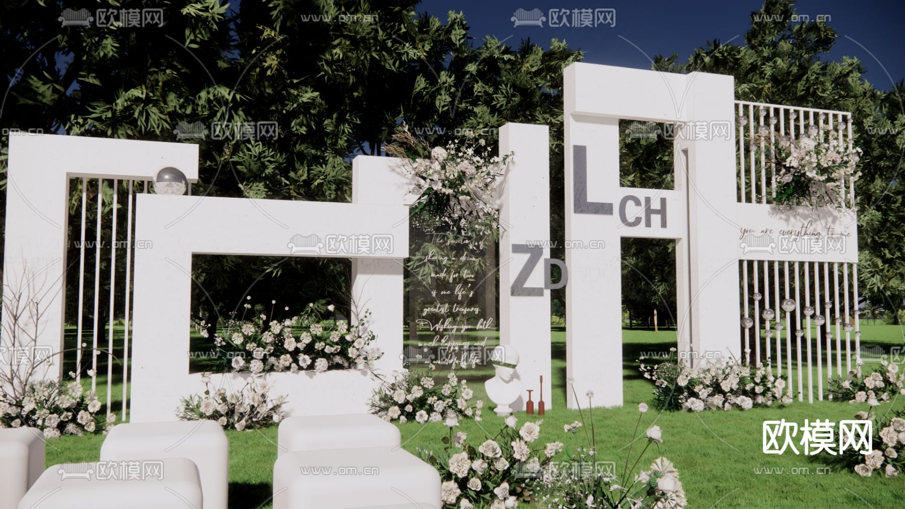 现代白绿色草坪婚礼su模型下载（渲染图6）