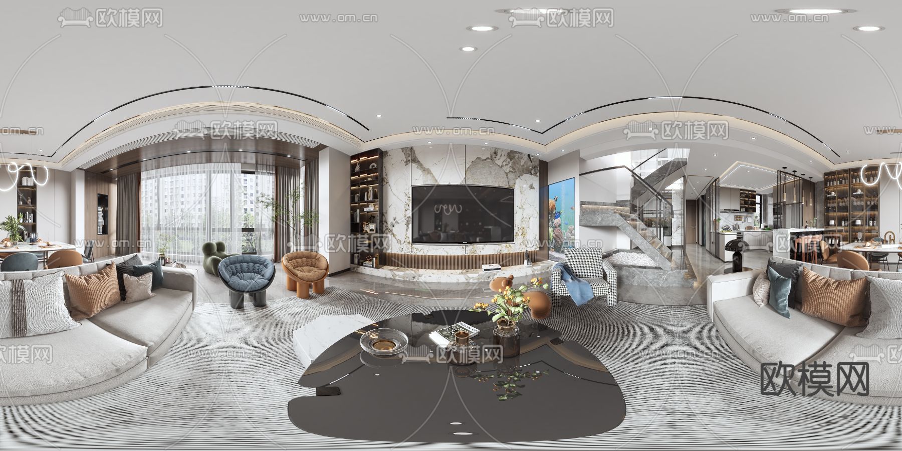 现代复式客餐厅vr全景3d模型