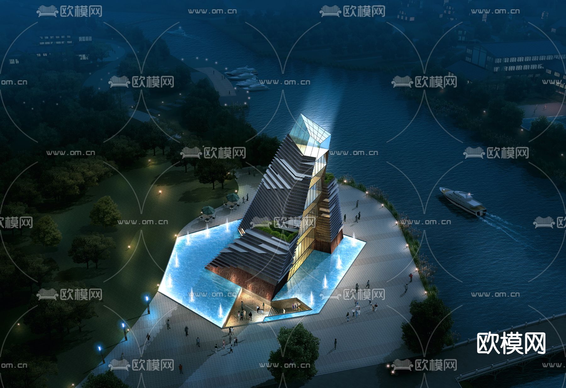 现代博物馆夜景鸟瞰3d模型
