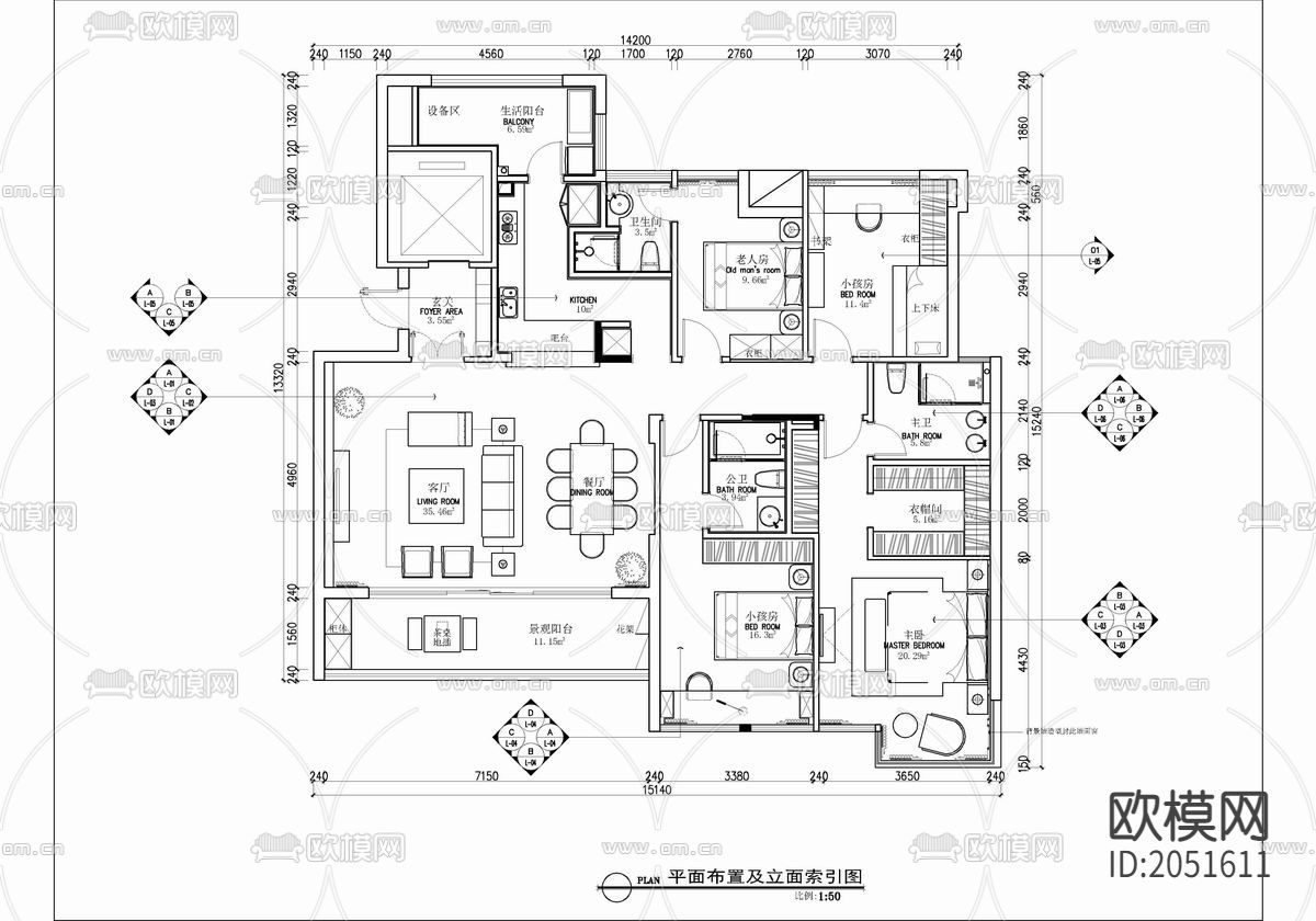 180㎡大平层CAD施工图下载（渲染图1）
