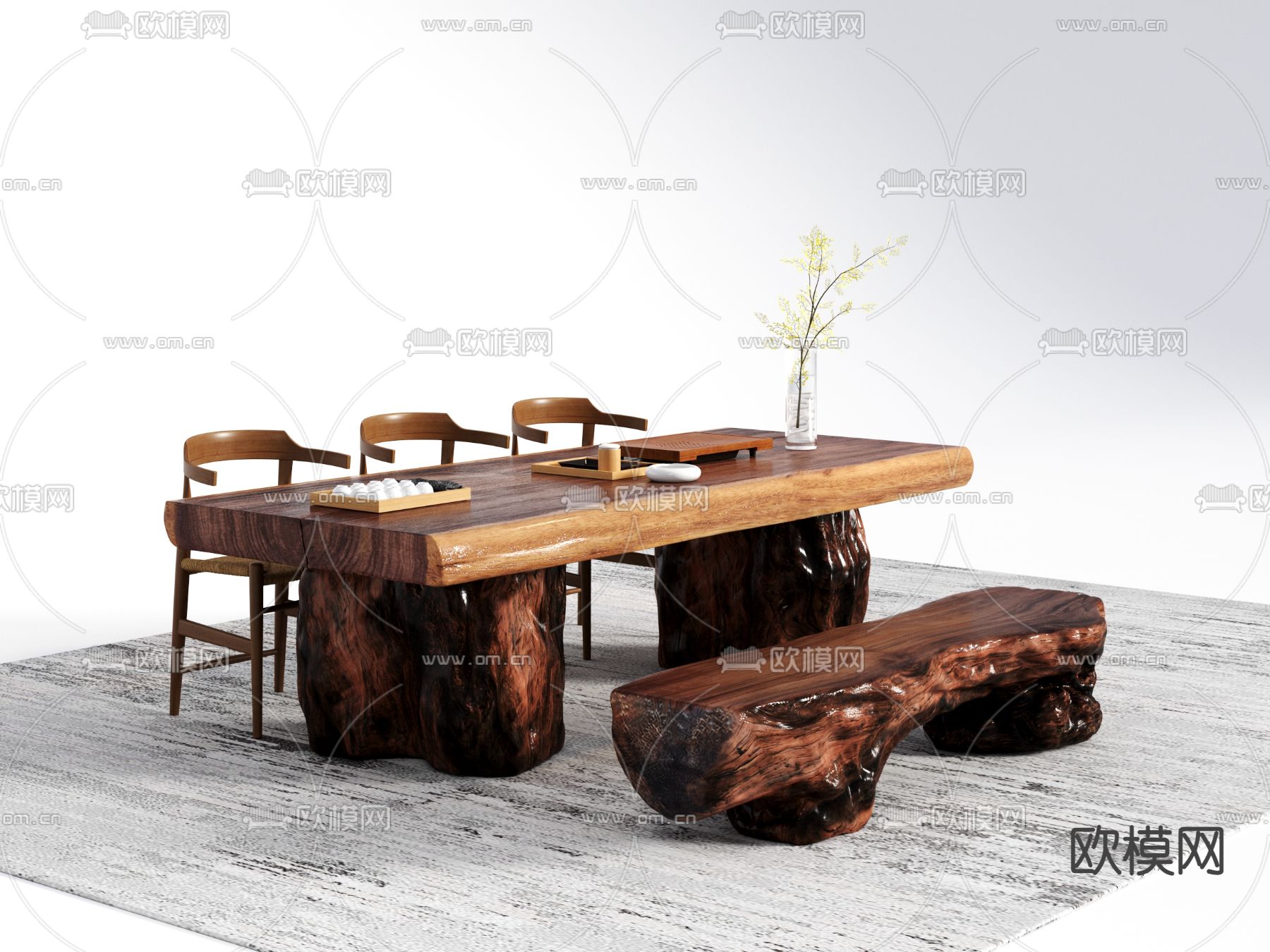 新中式实木茶桌椅3d模型下载（渲染图1）
