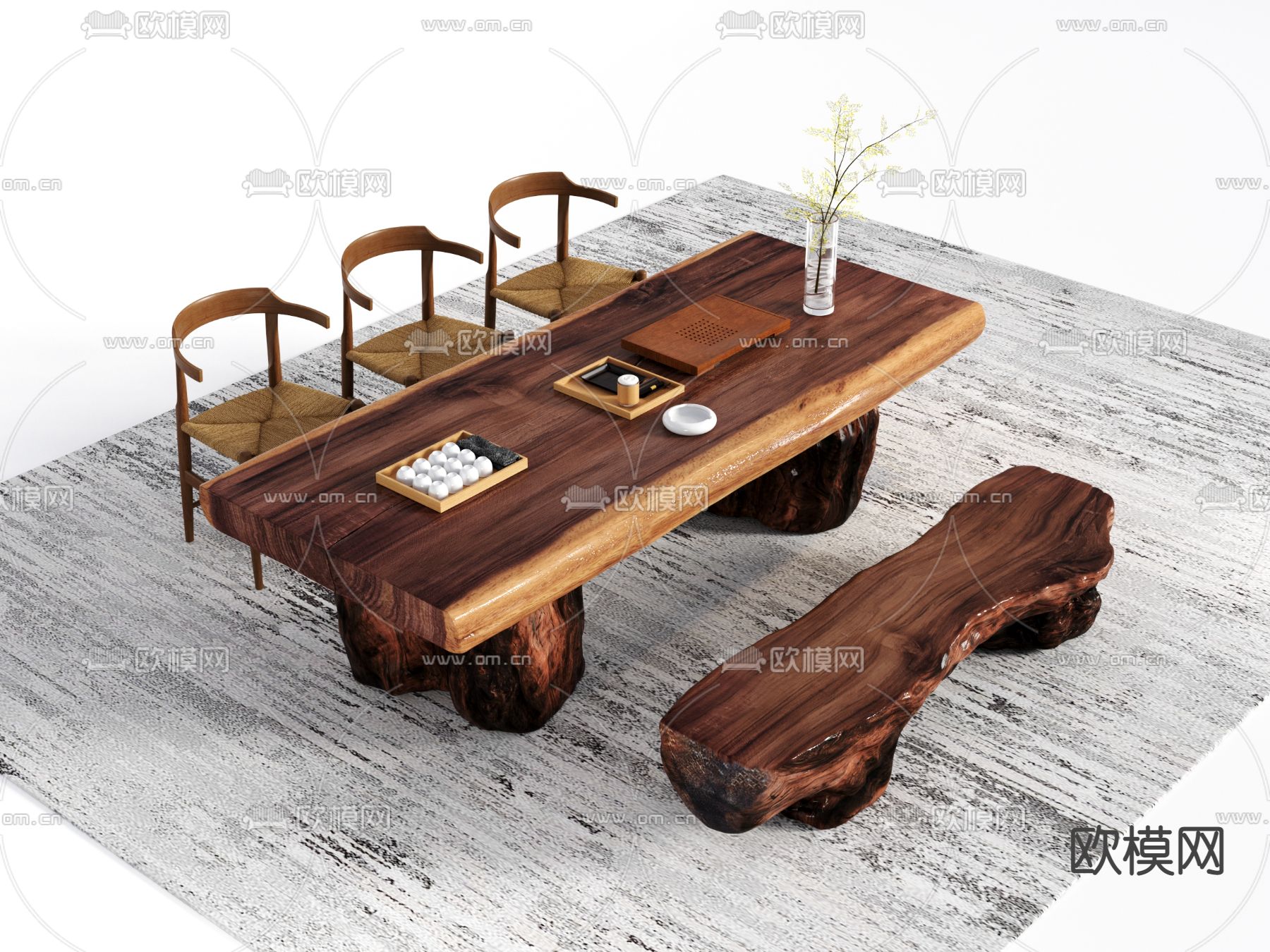 新中式实木茶桌椅3d模型下载（渲染图2）