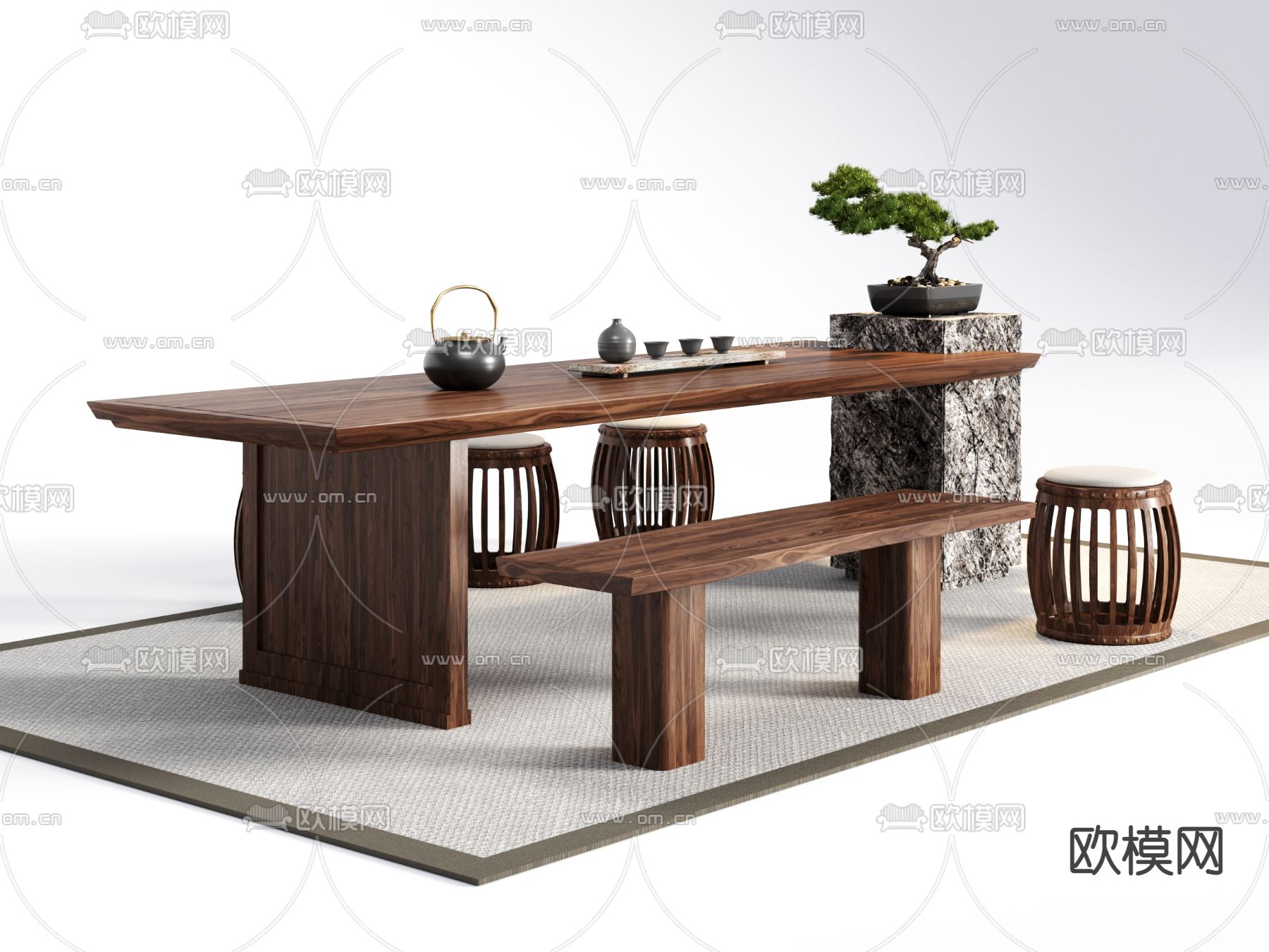 新中式实木茶桌椅3d模型下载（渲染图2）