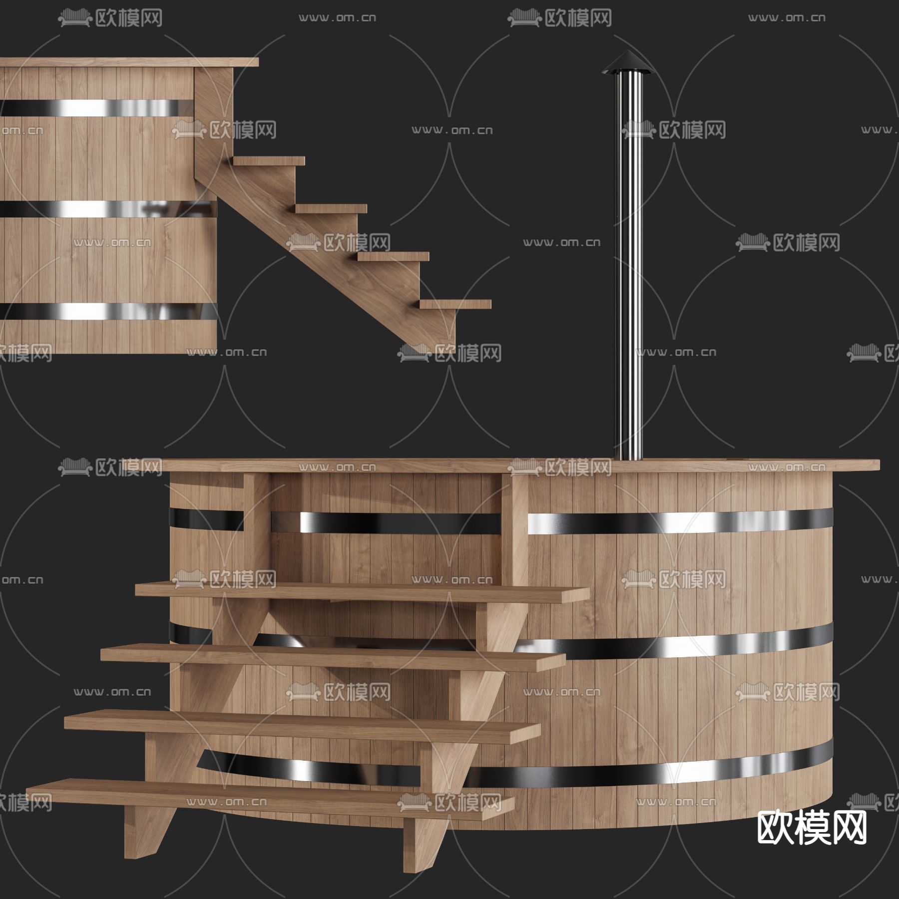 北欧多功能圆形木桶浴缸3d模型下载（渲染图4）