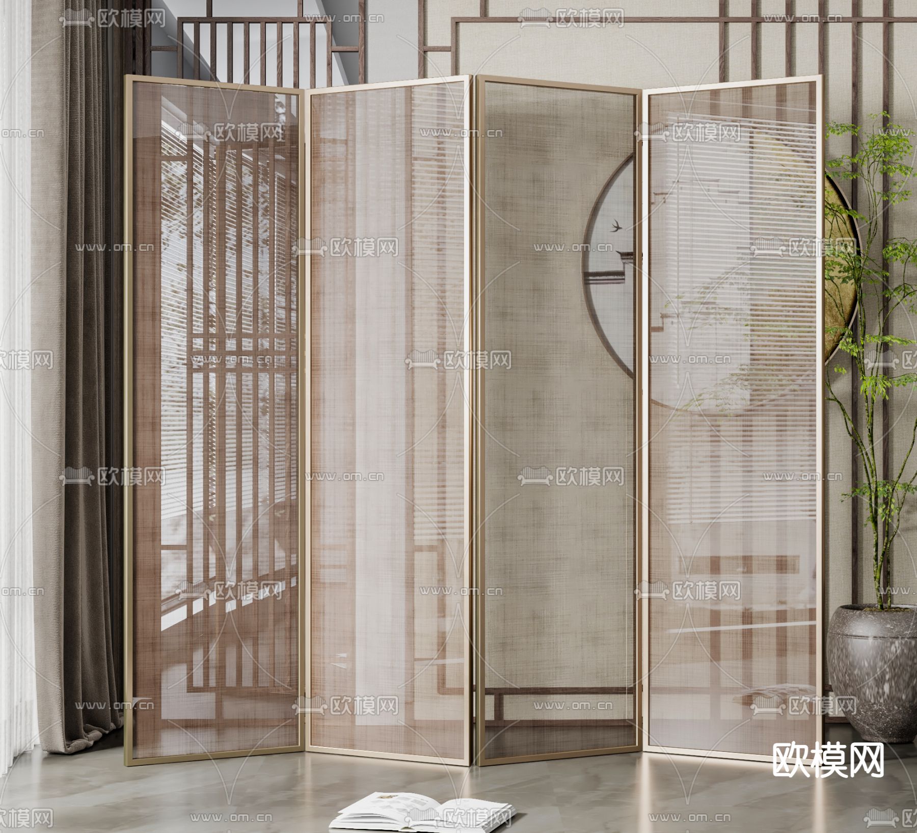 新中式拉丝玻璃屏风隔断3d模型下载