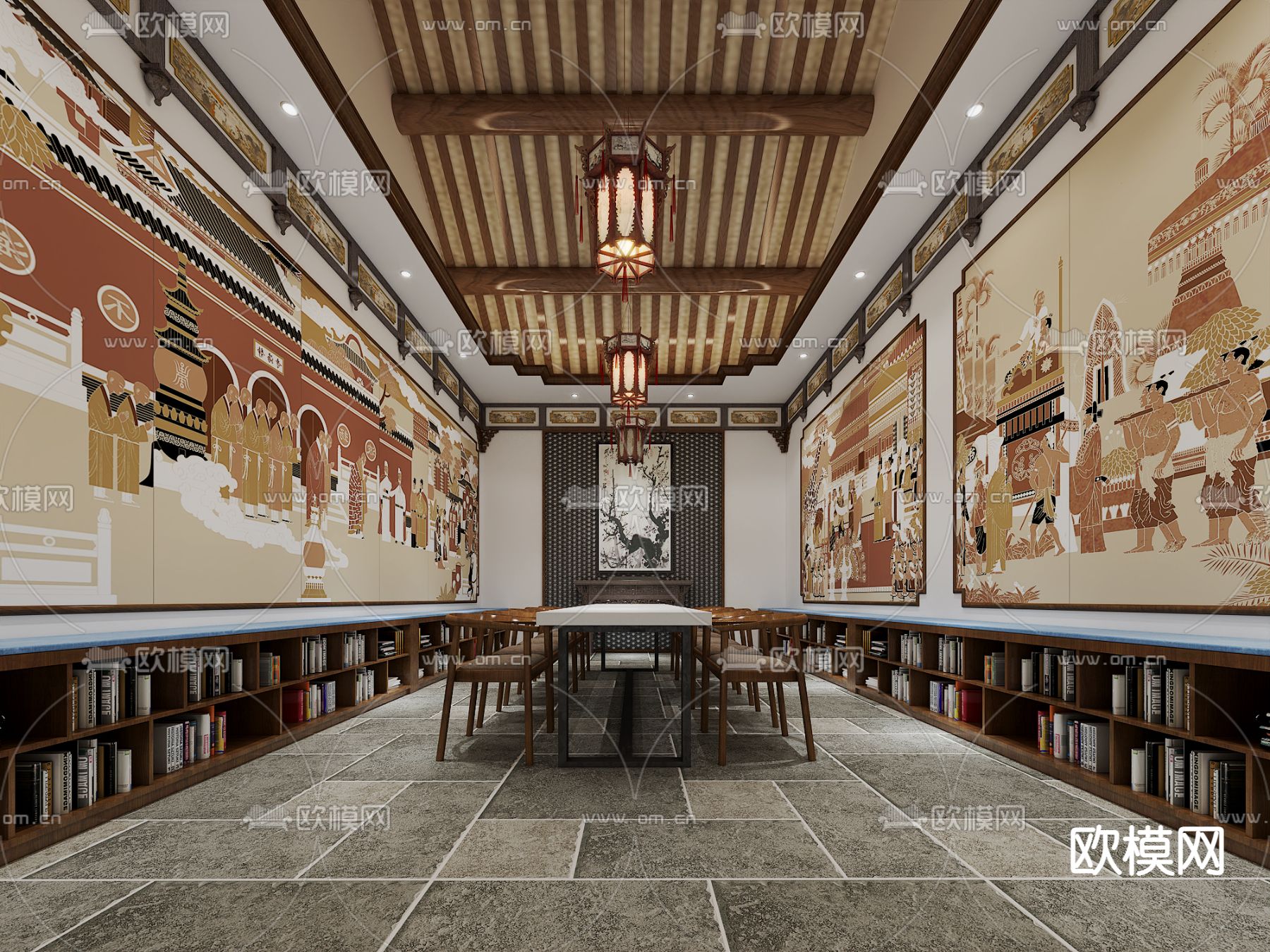 中式图书馆阅读区3d模型下载（渲染图2）