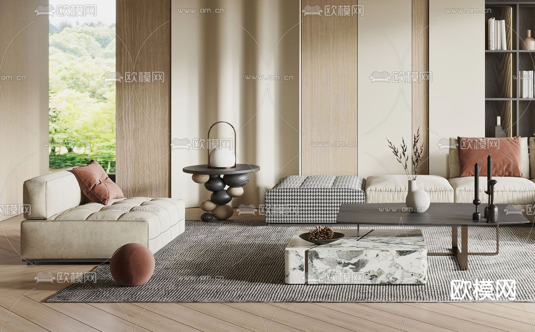 现代布艺转角沙发组合3d模型下载（渲染图2）