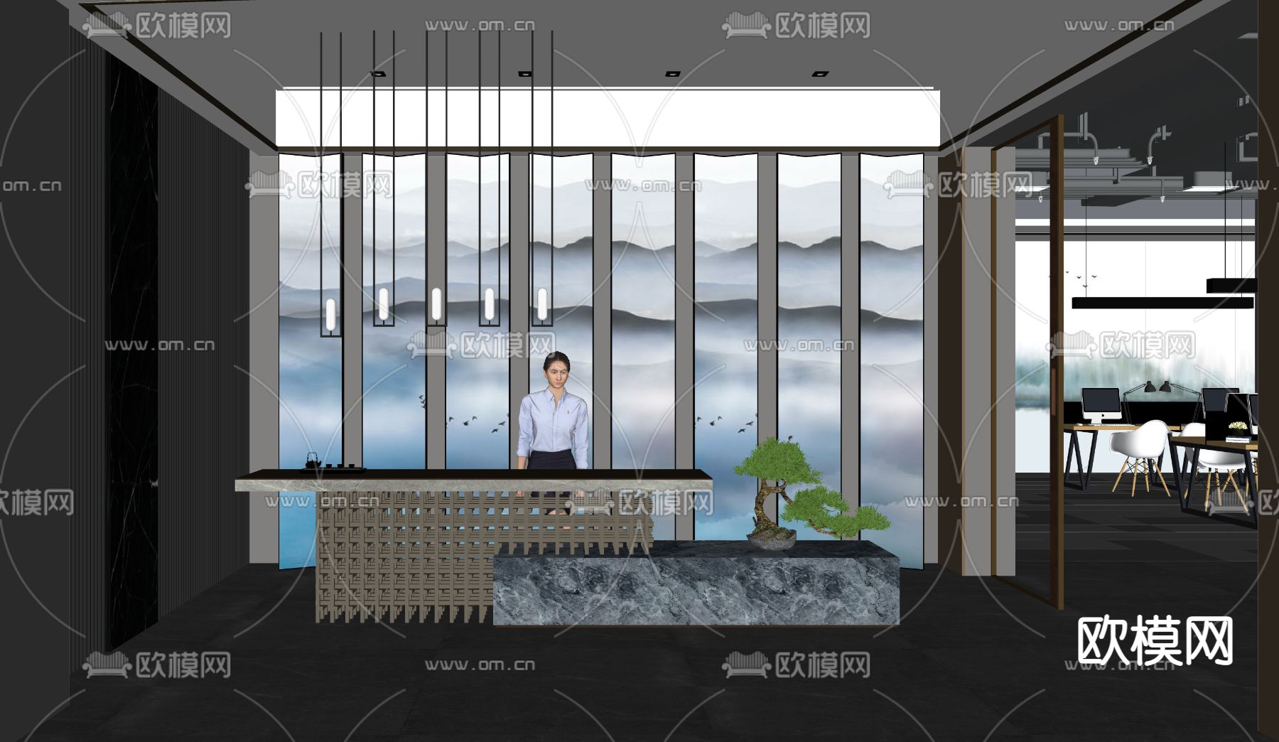 新中式前台接待台su模型下载（渲染图2）