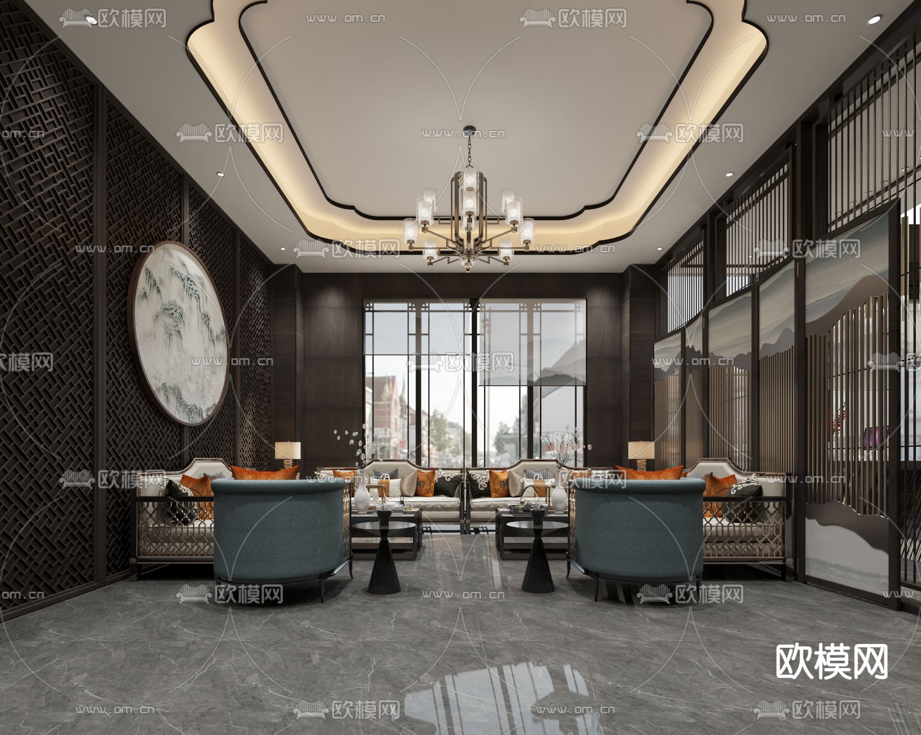 新中式售楼大厅免费3d模型下载（渲染图3）