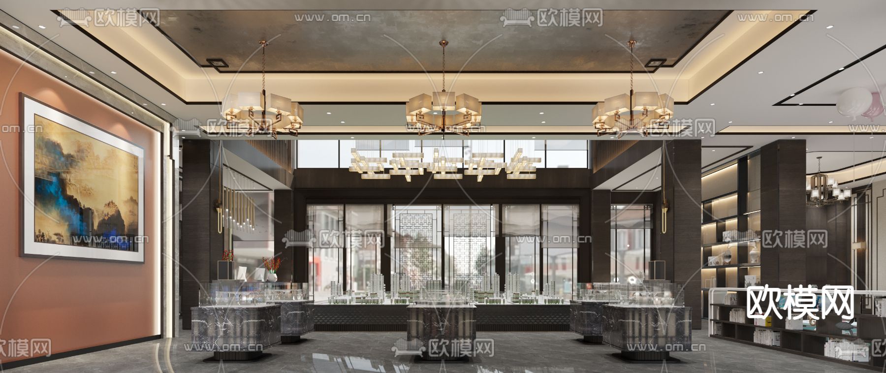 新中式售楼大厅免费3d模型下载（渲染图2）