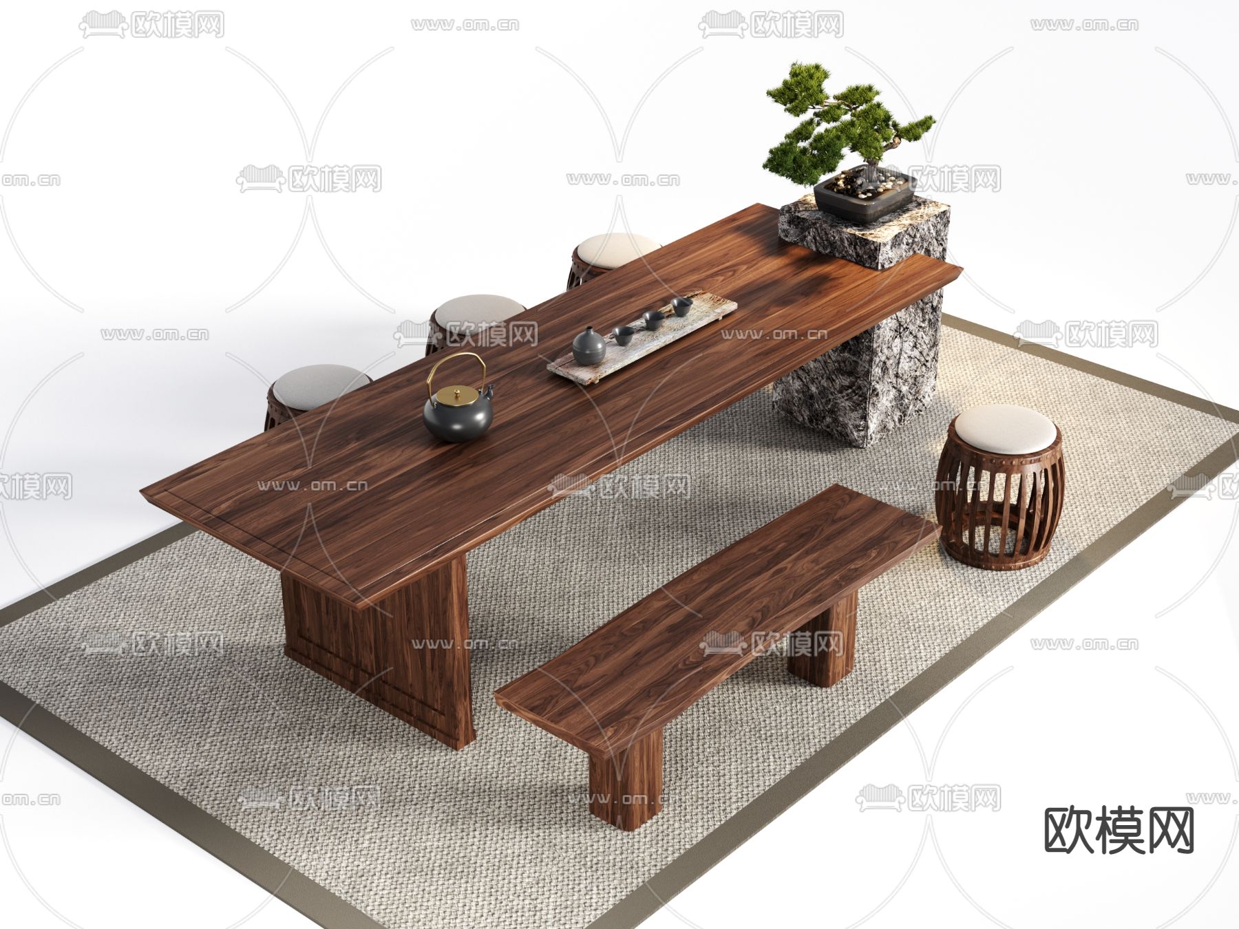 新中式实木茶桌椅3d模型下载（渲染图1）