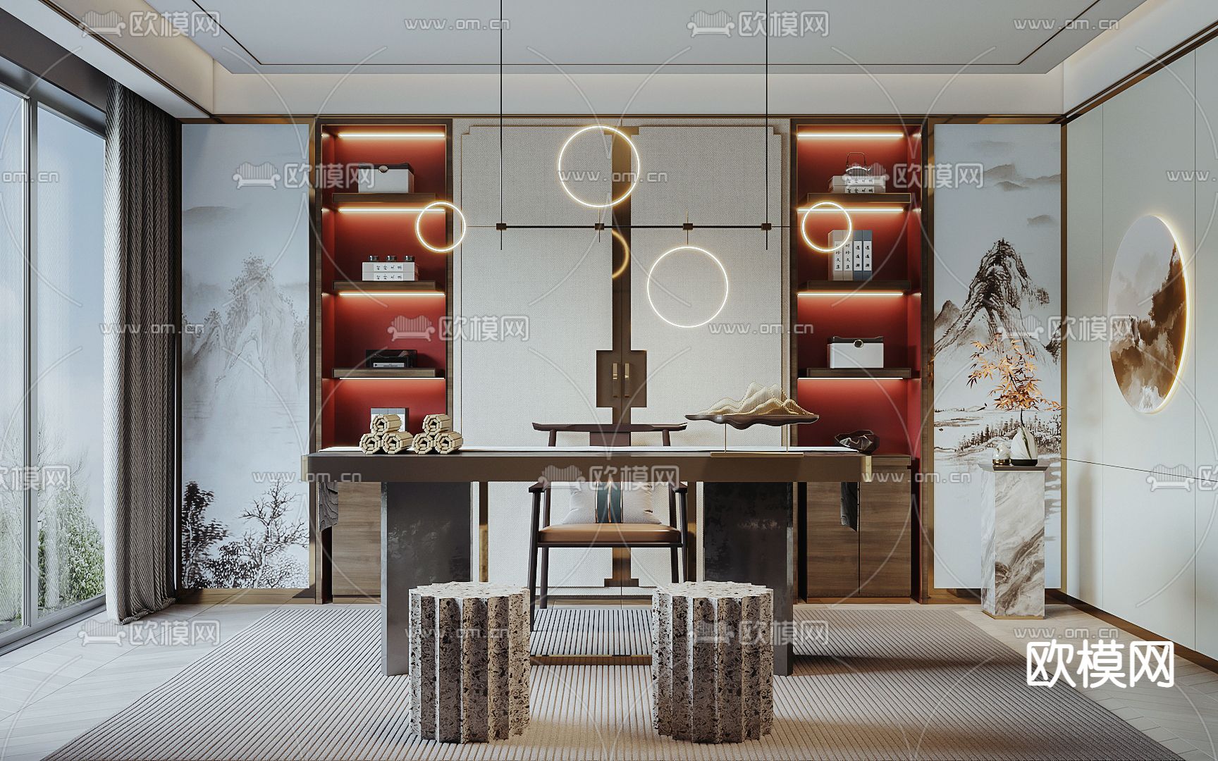 新中式轻奢书房3d模型下载