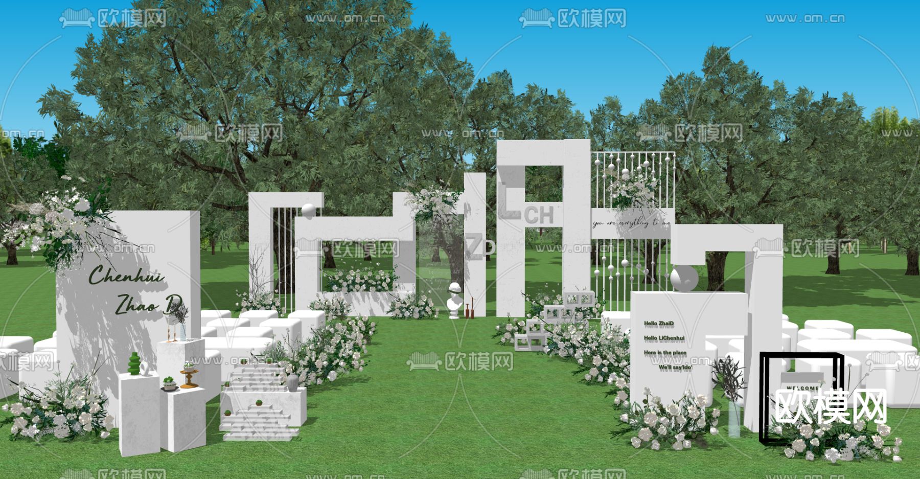 现代白绿色草坪婚礼su模型下载（渲染图7）