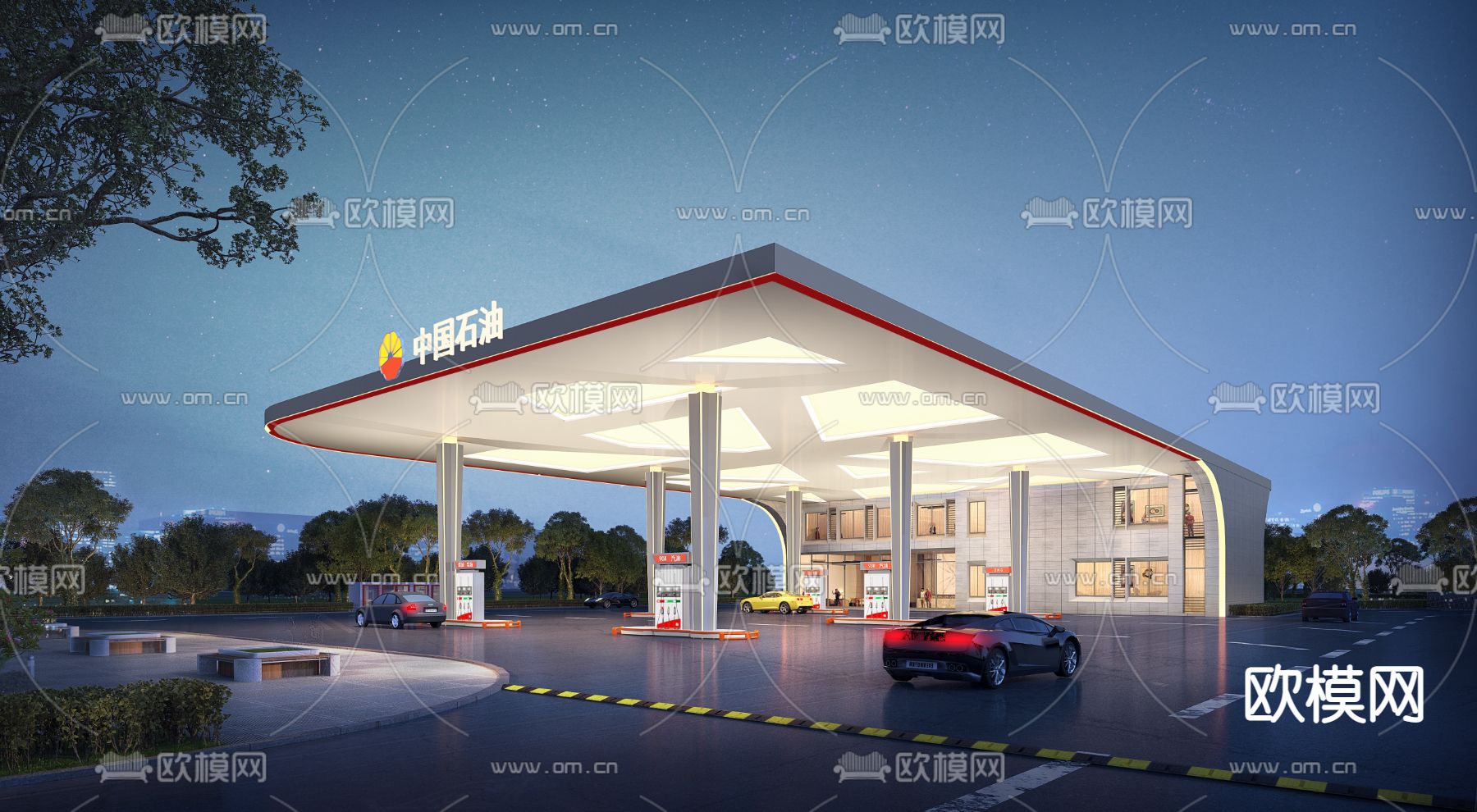 现代加油站夜景3d模型下载