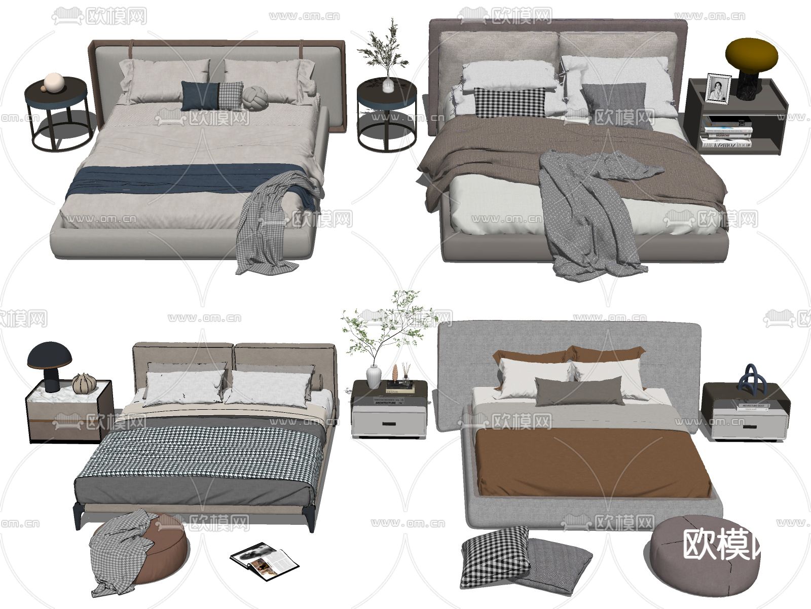 现代双人床su模型下载（渲染图2）