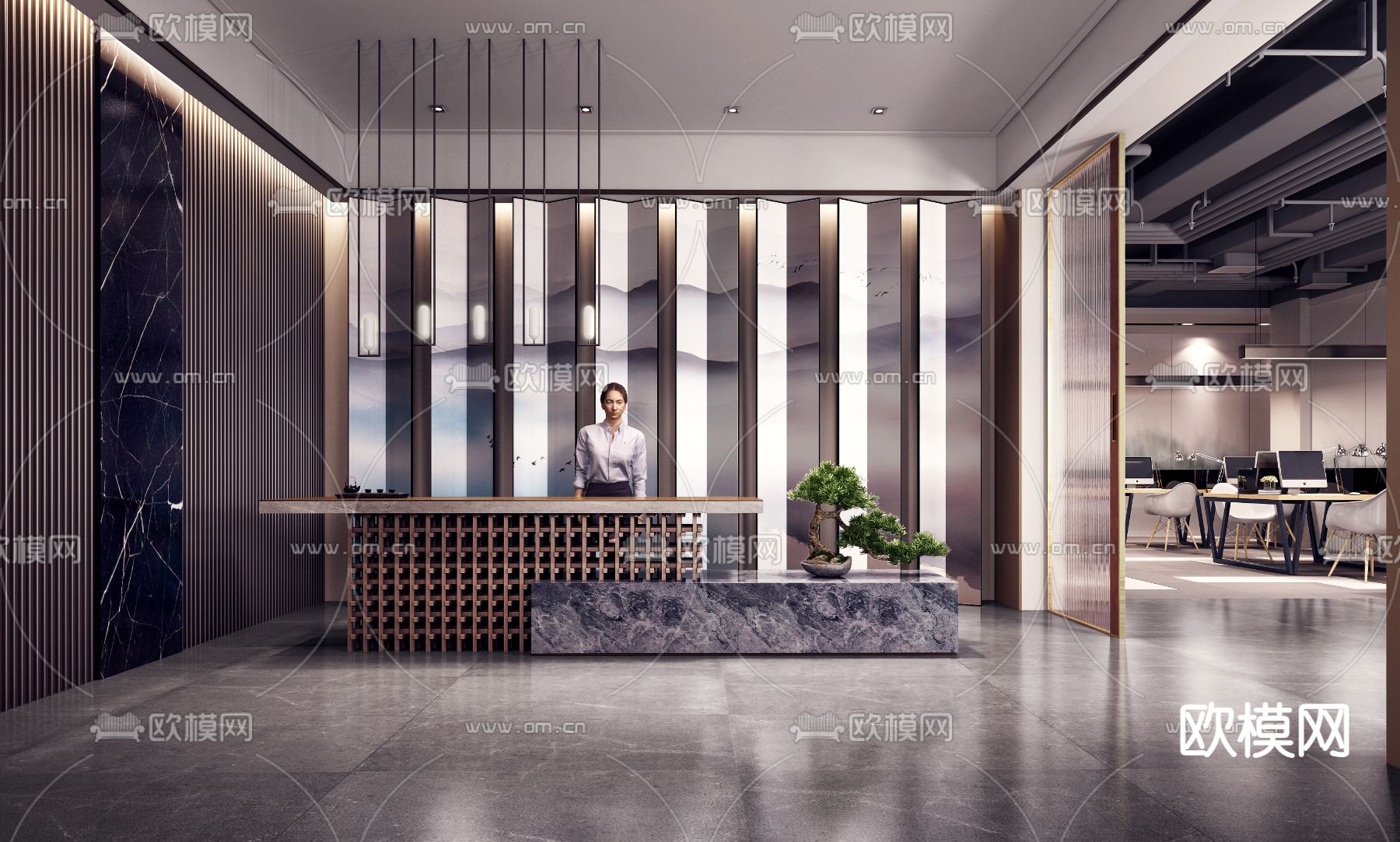 新中式前台接待台su模型下载（渲染图1）