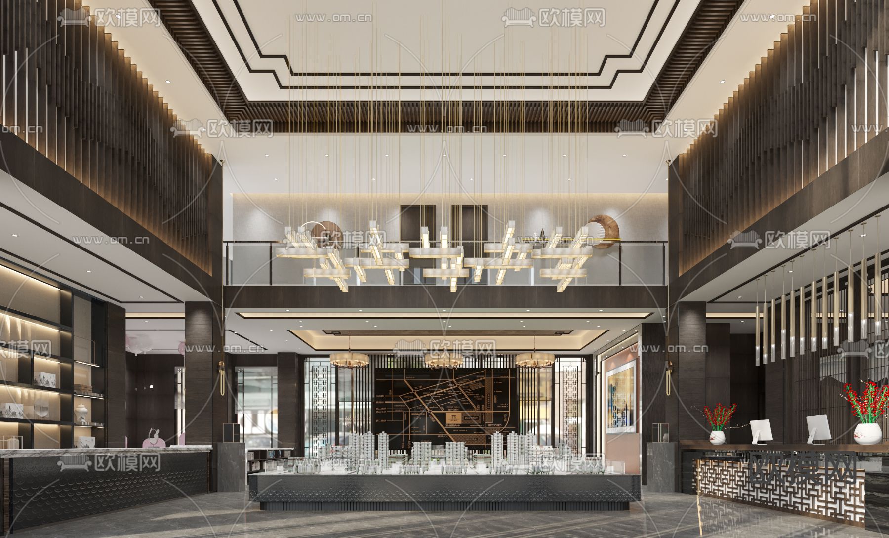 新中式售楼大厅免费3d模型下载（渲染图1）