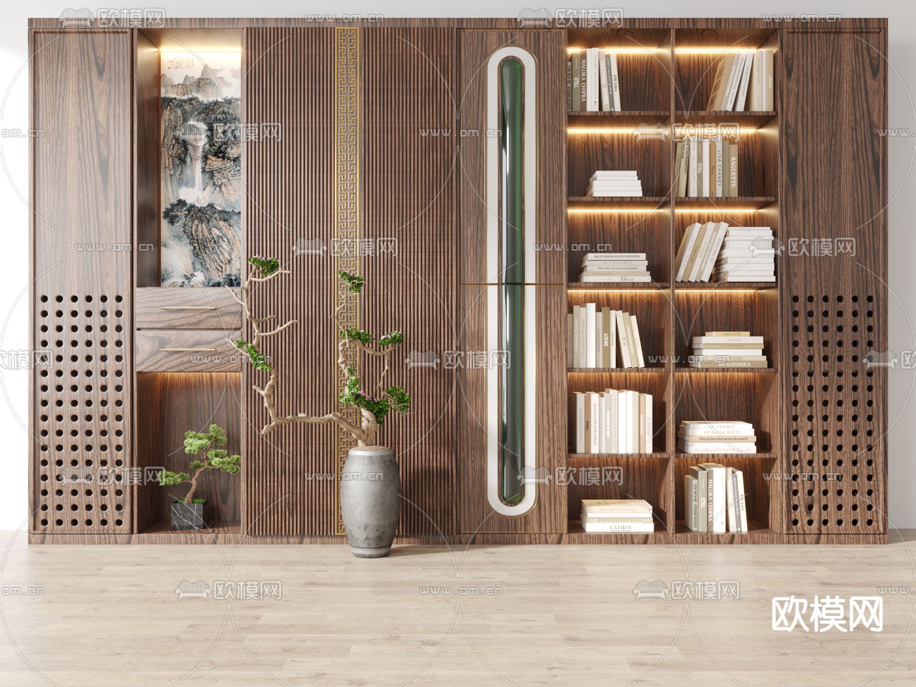 新中式实木书柜su模型下载（渲染图1）