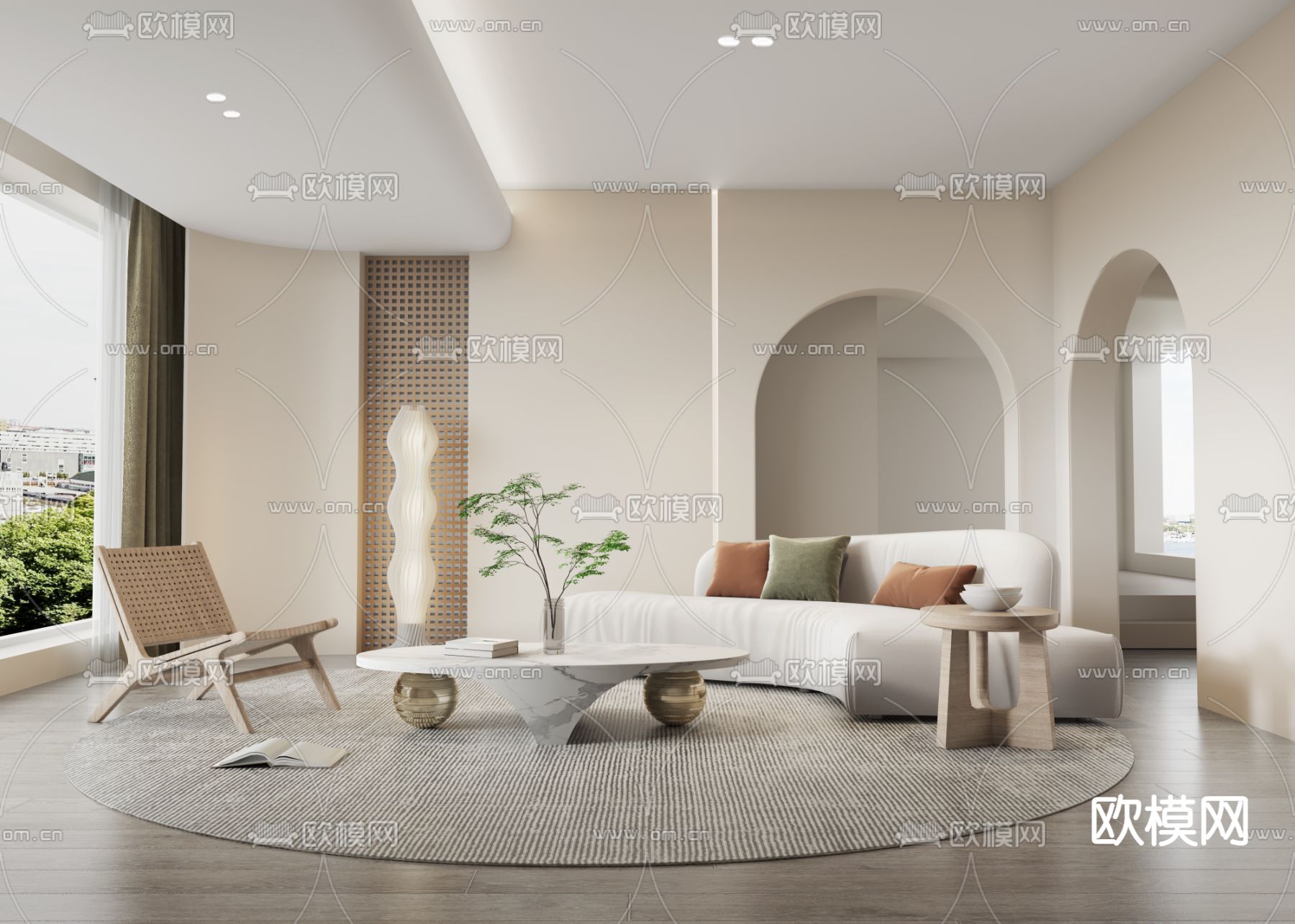 侘寂布艺弧形沙发组合3d模型下载