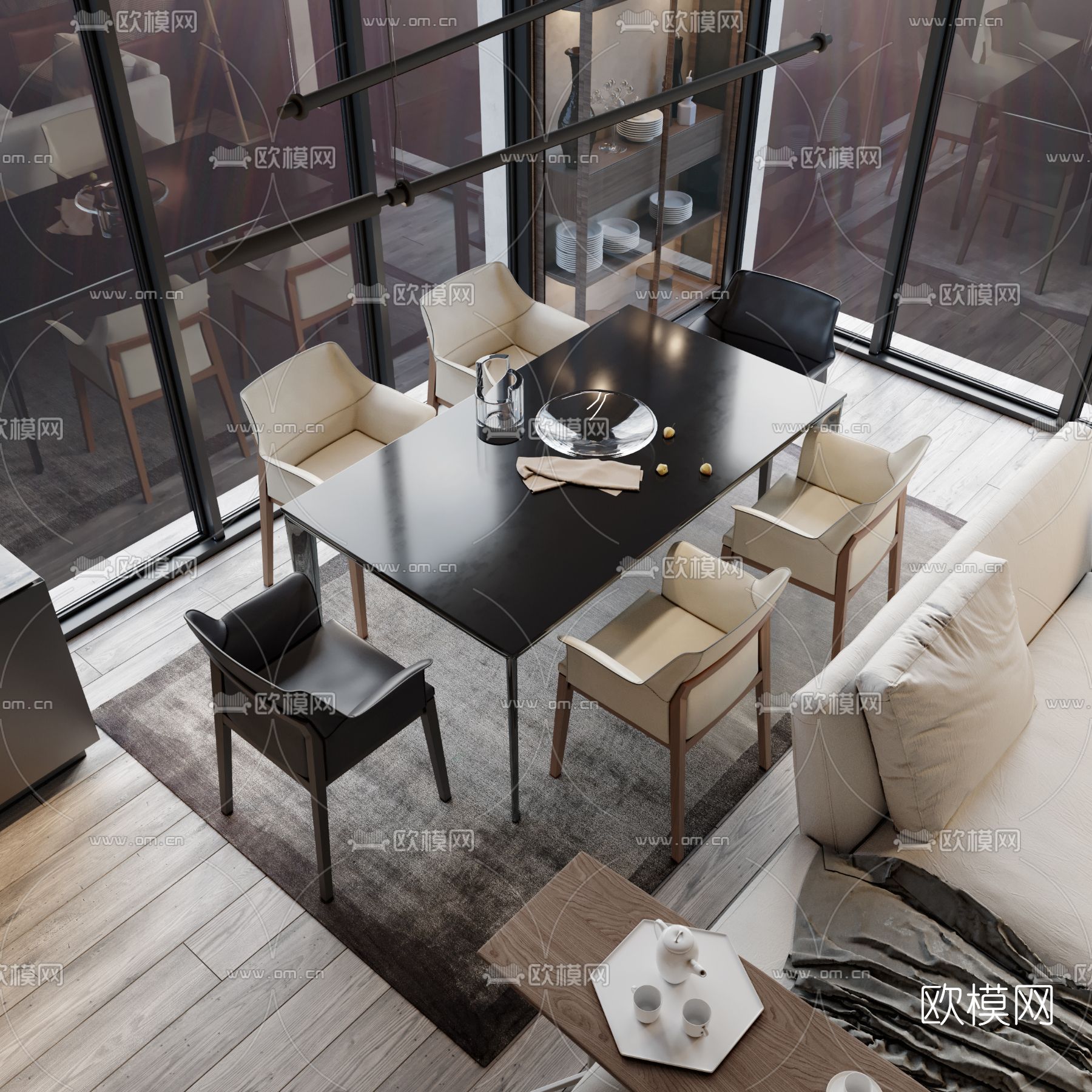 现代高级灰客厅餐厅3d模型下载（渲染图4）