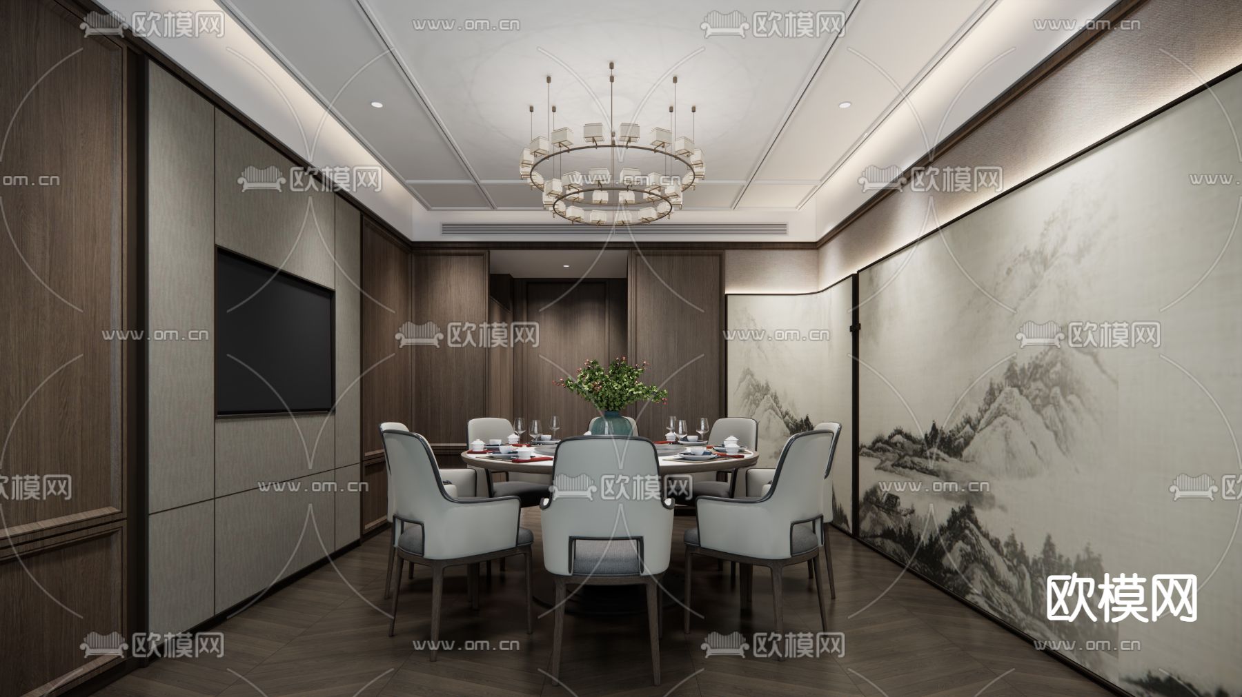 新中式餐厅包厢su模型下载（渲染图1）