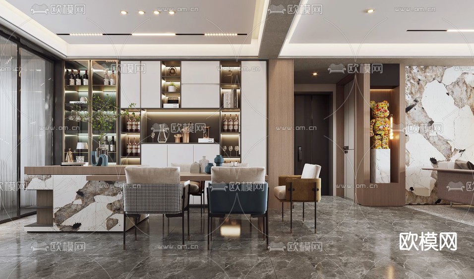 现代轻奢客厅餐厅3d模型下载(渲染图3)