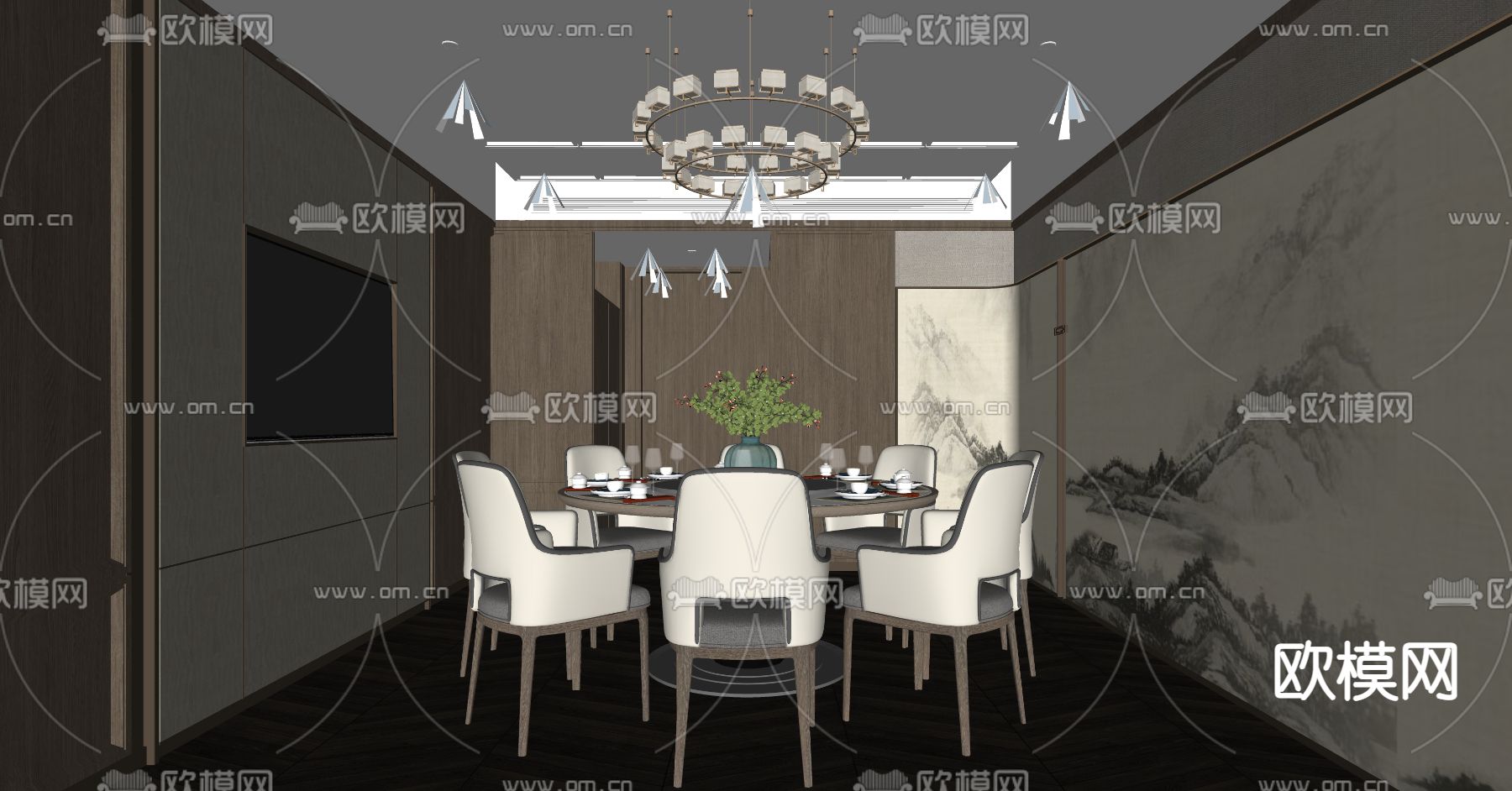新中式餐厅包厢su模型下载（渲染图2）