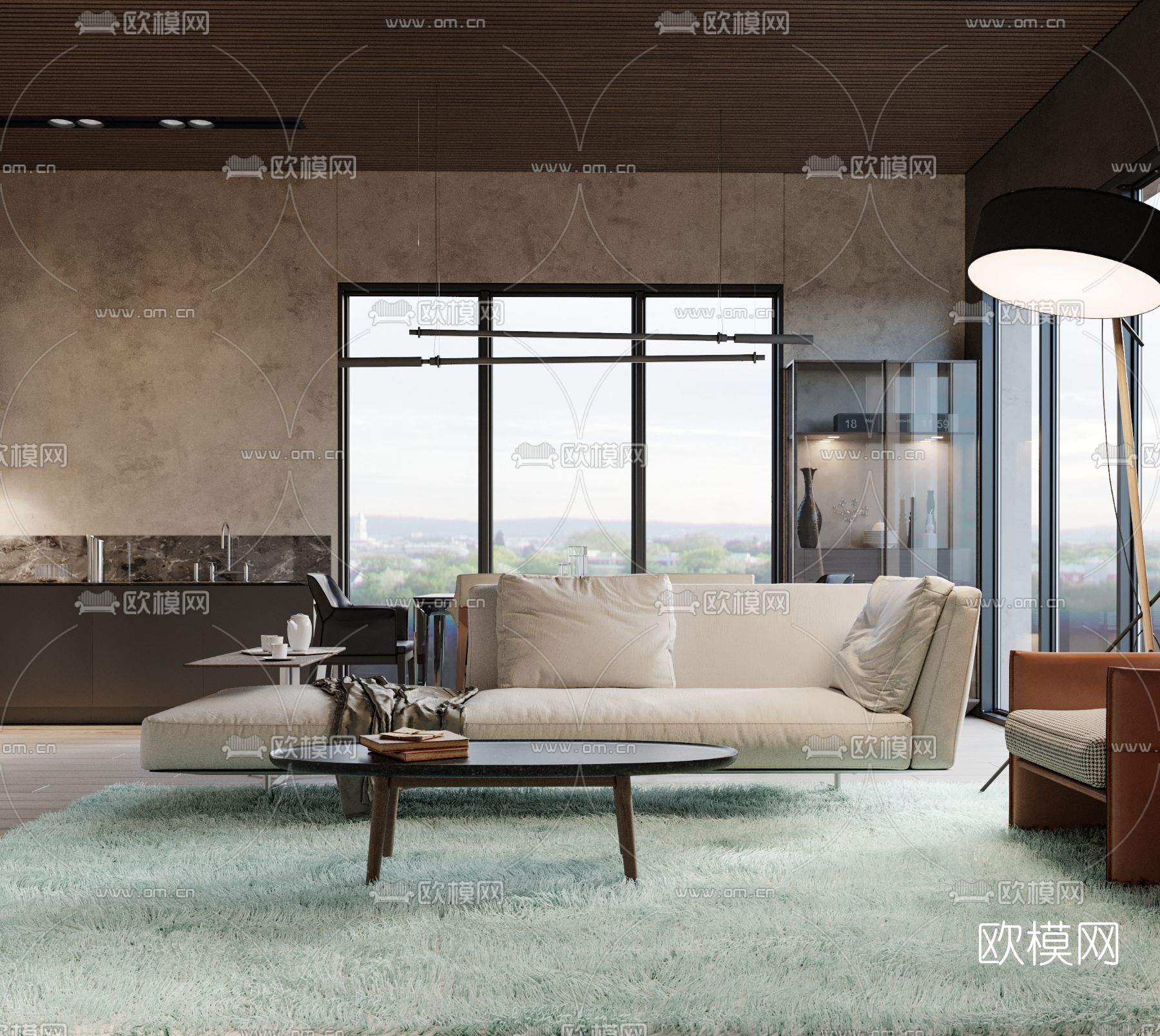 现代高级灰客厅餐厅3d模型下载（渲染图2）