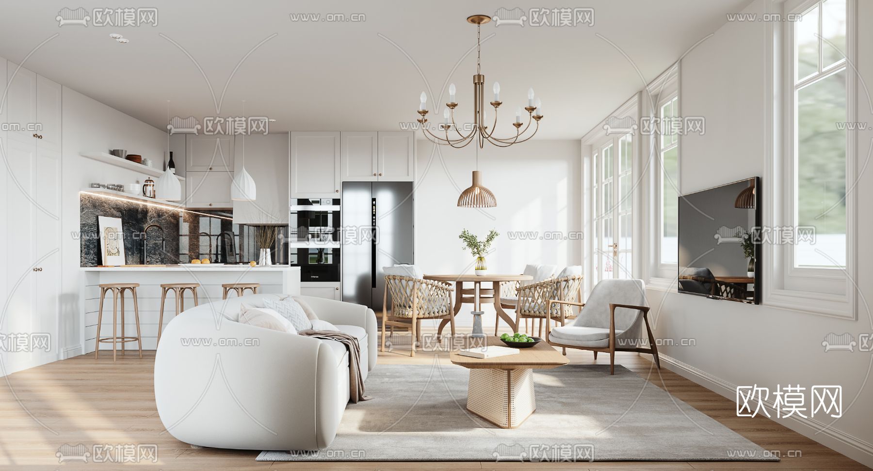 美式极简客厅餐厅3d模型下载（渲染图1）