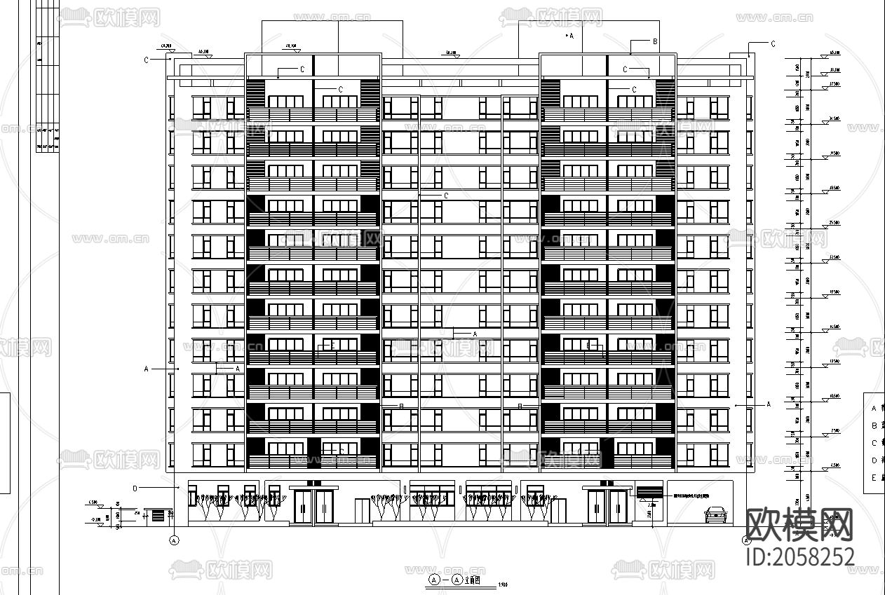 一栋高层商住楼平立剖CAD图下载（渲染图3）