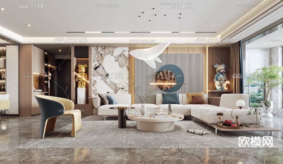 现代轻奢客厅餐厅3d模型下载(渲染图1)