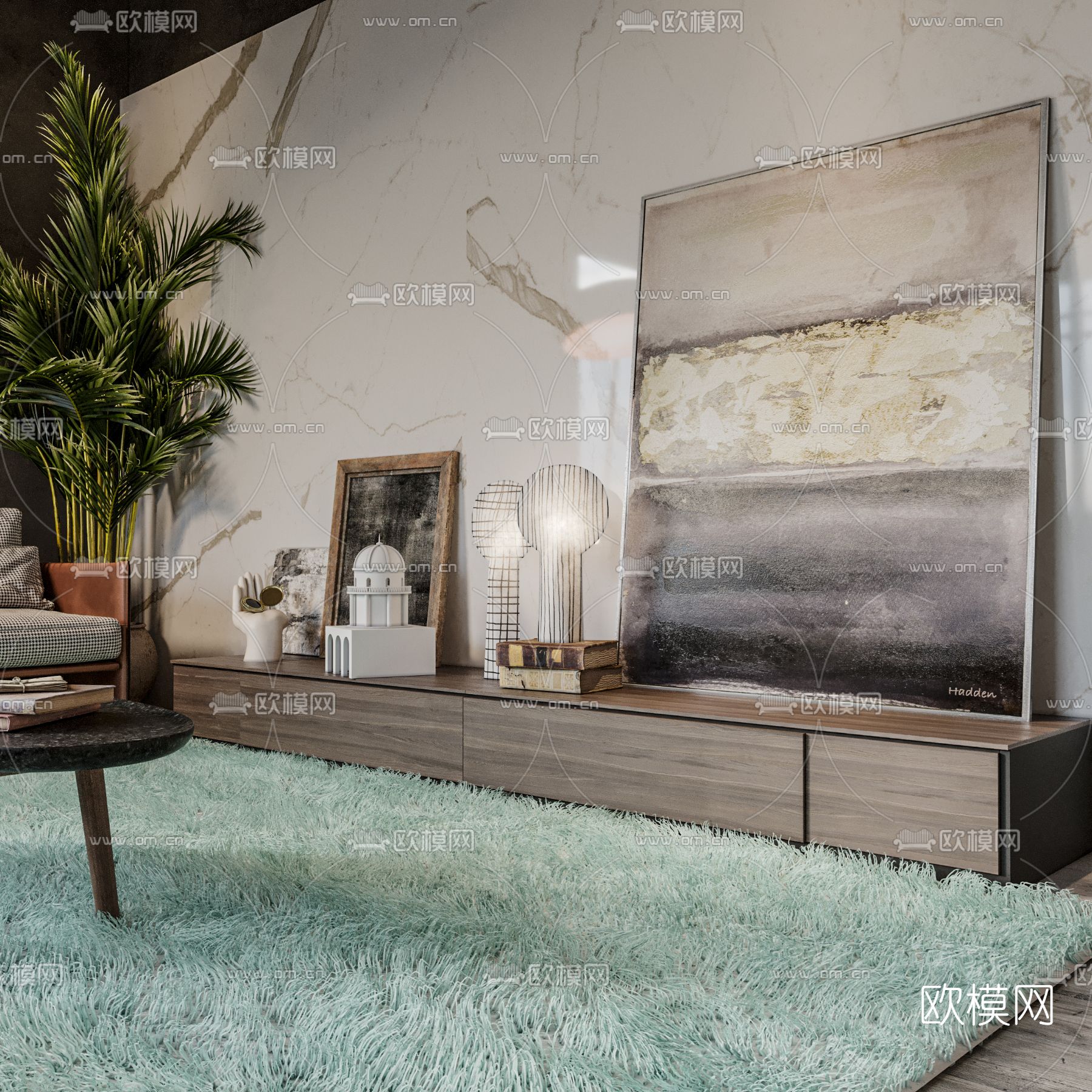 现代高级灰客厅餐厅3d模型下载（渲染图3）