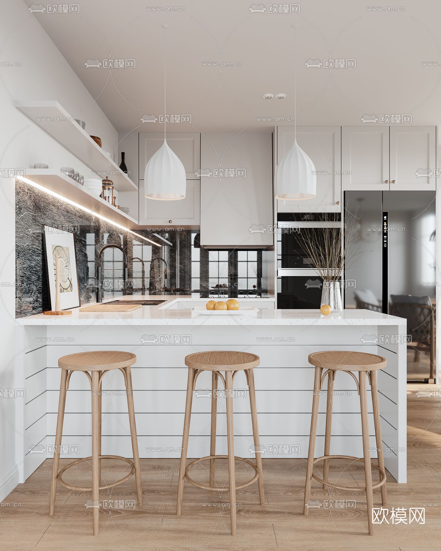 美式极简客厅餐厅3d模型下载（渲染图2）