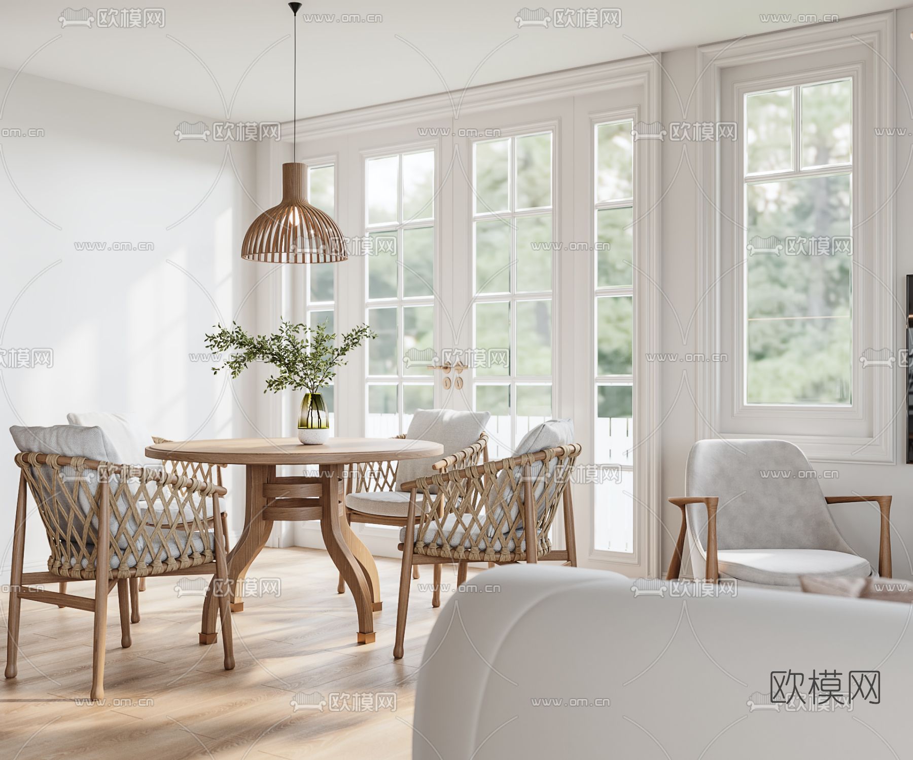 美式极简客厅餐厅3d模型下载（渲染图3）