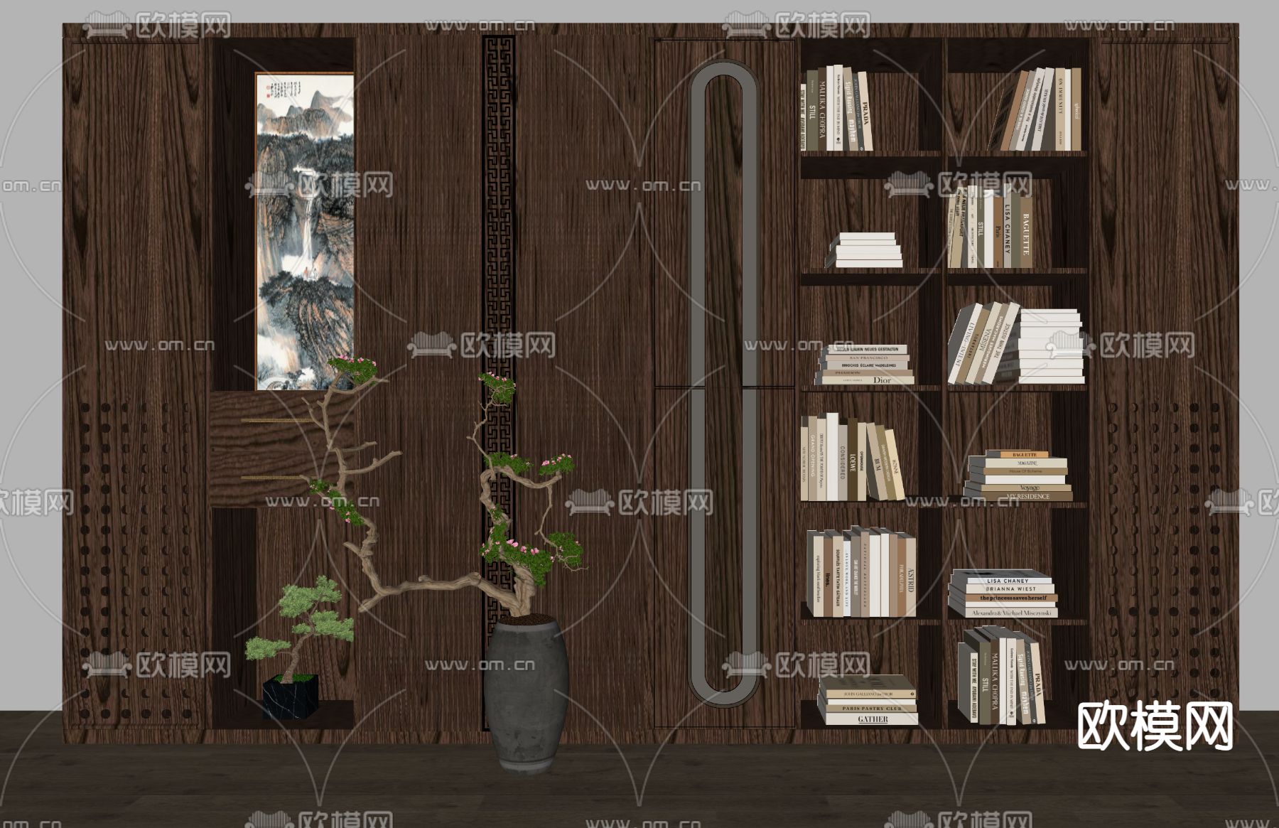 新中式实木书柜su模型下载（渲染图2）