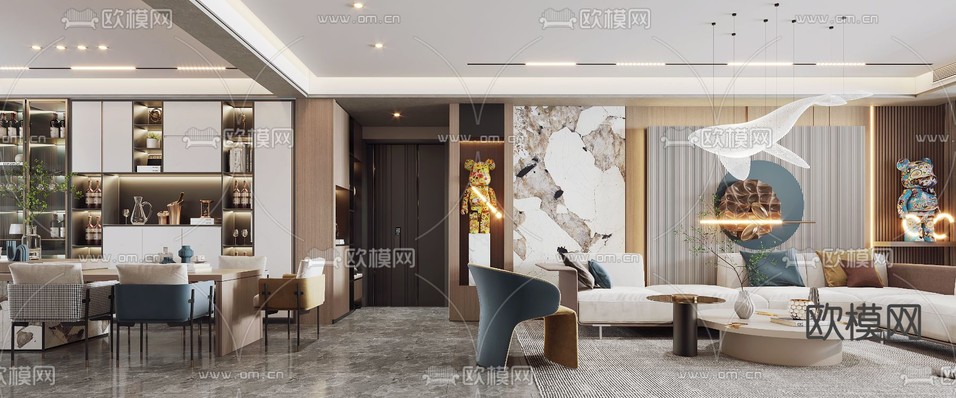 现代轻奢客厅餐厅3d模型下载(渲染图4)