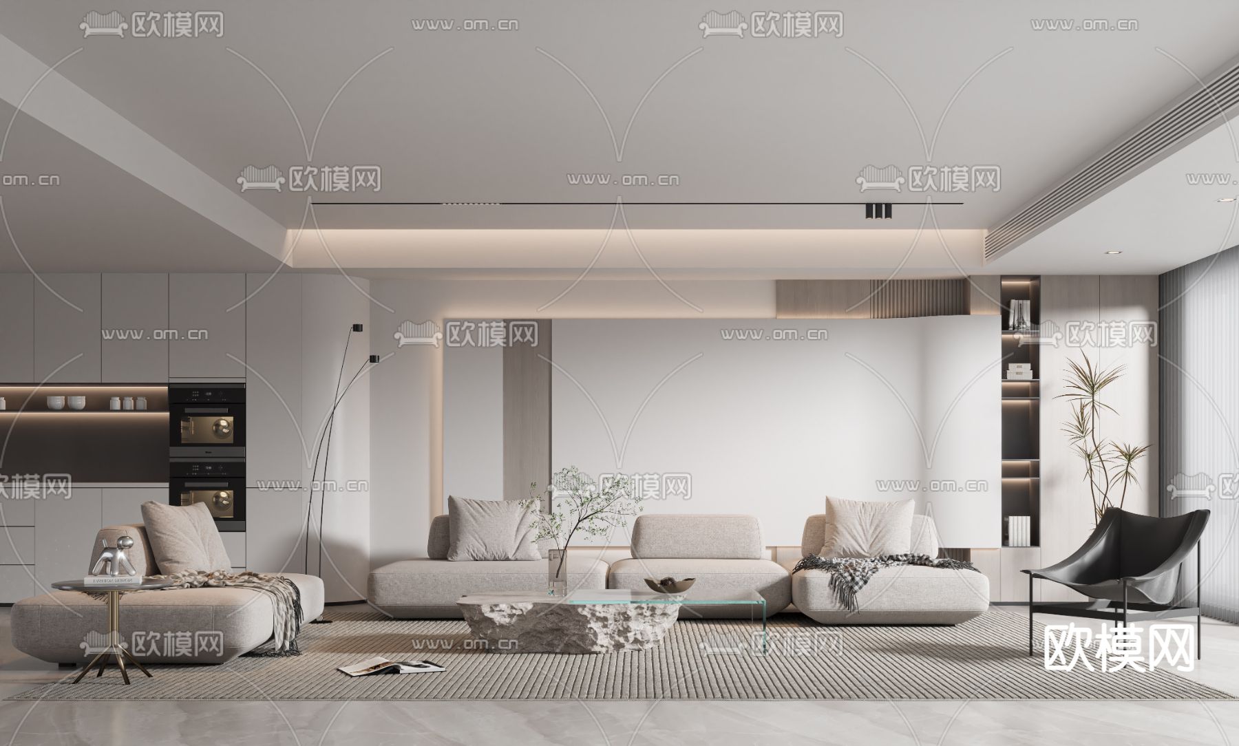 现代布艺沙发组合3d模型下载（渲染图1）