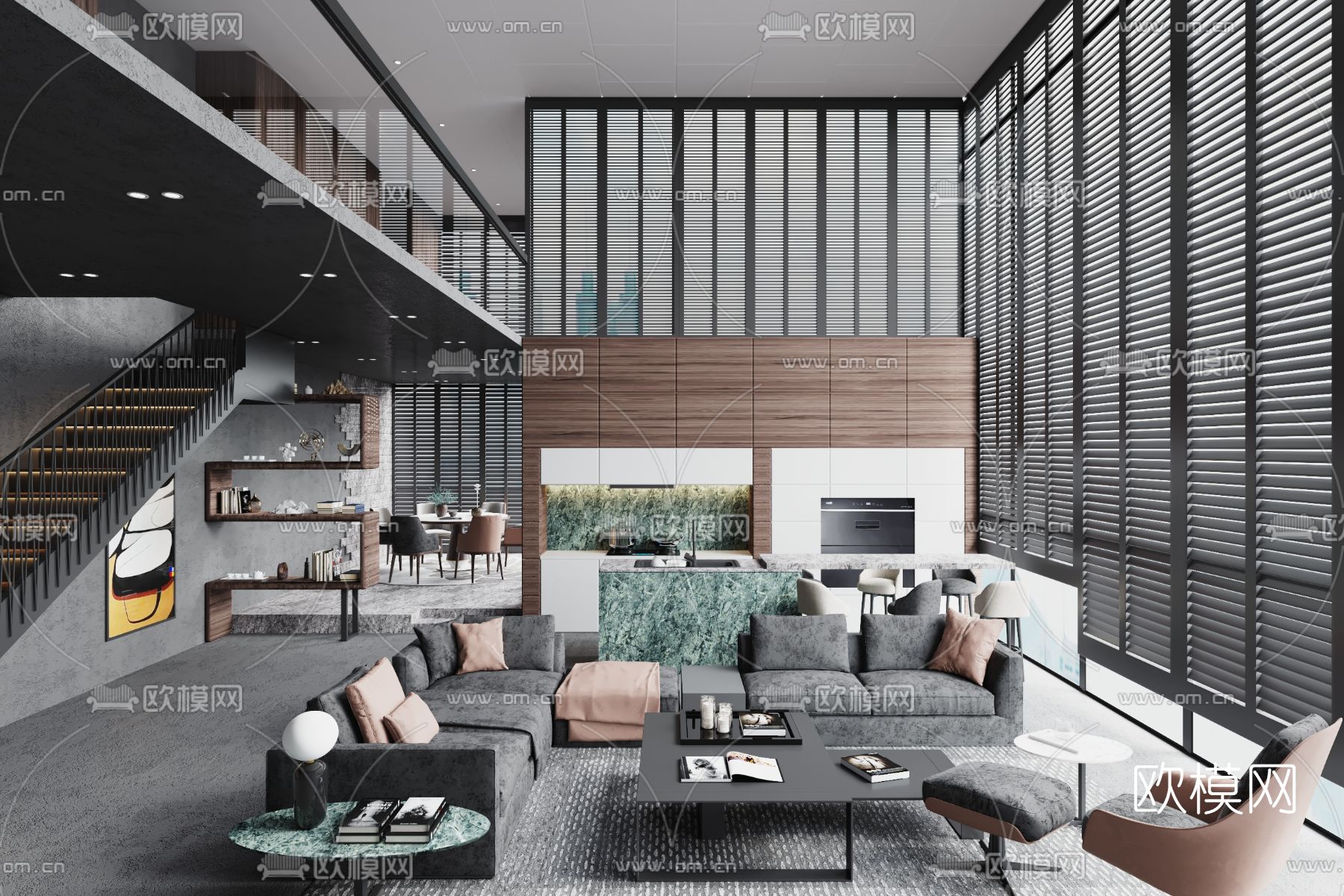 工业风高级灰别墅客厅餐厅3d模型下载