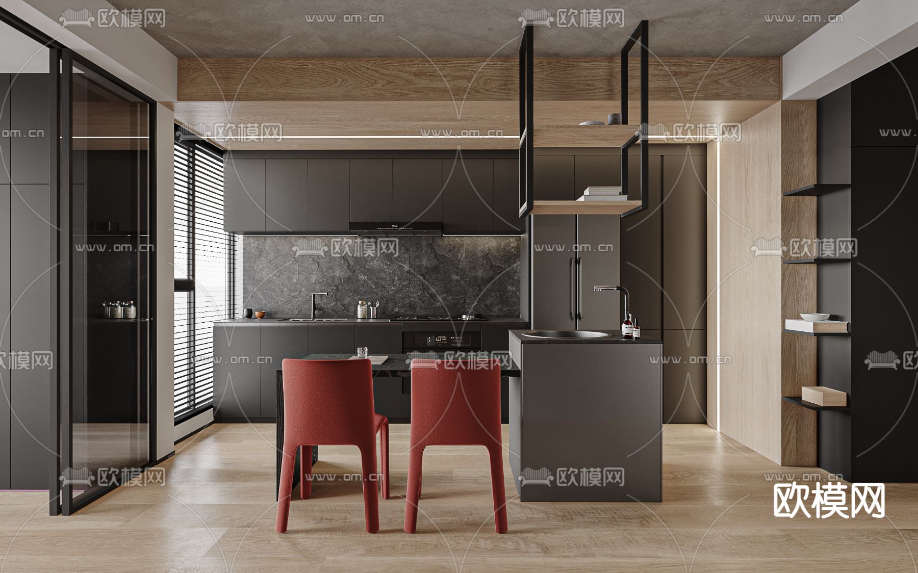 现代高级灰公寓餐厅3d模型下载（渲染图1）