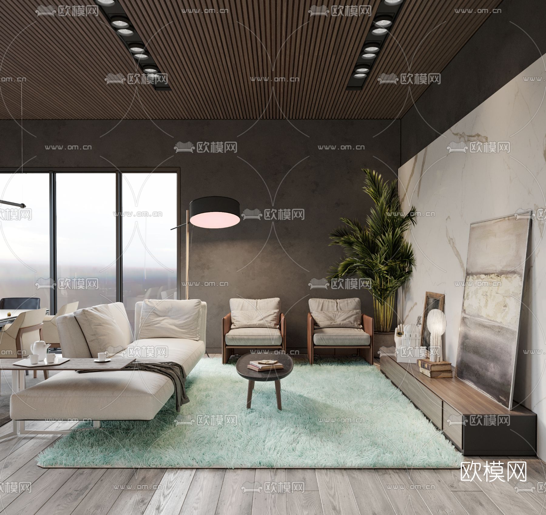 现代高级灰客厅餐厅3d模型下载（渲染图1）