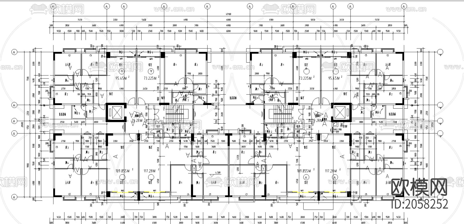 一栋高层商住楼平立剖CAD图下载（渲染图2）
