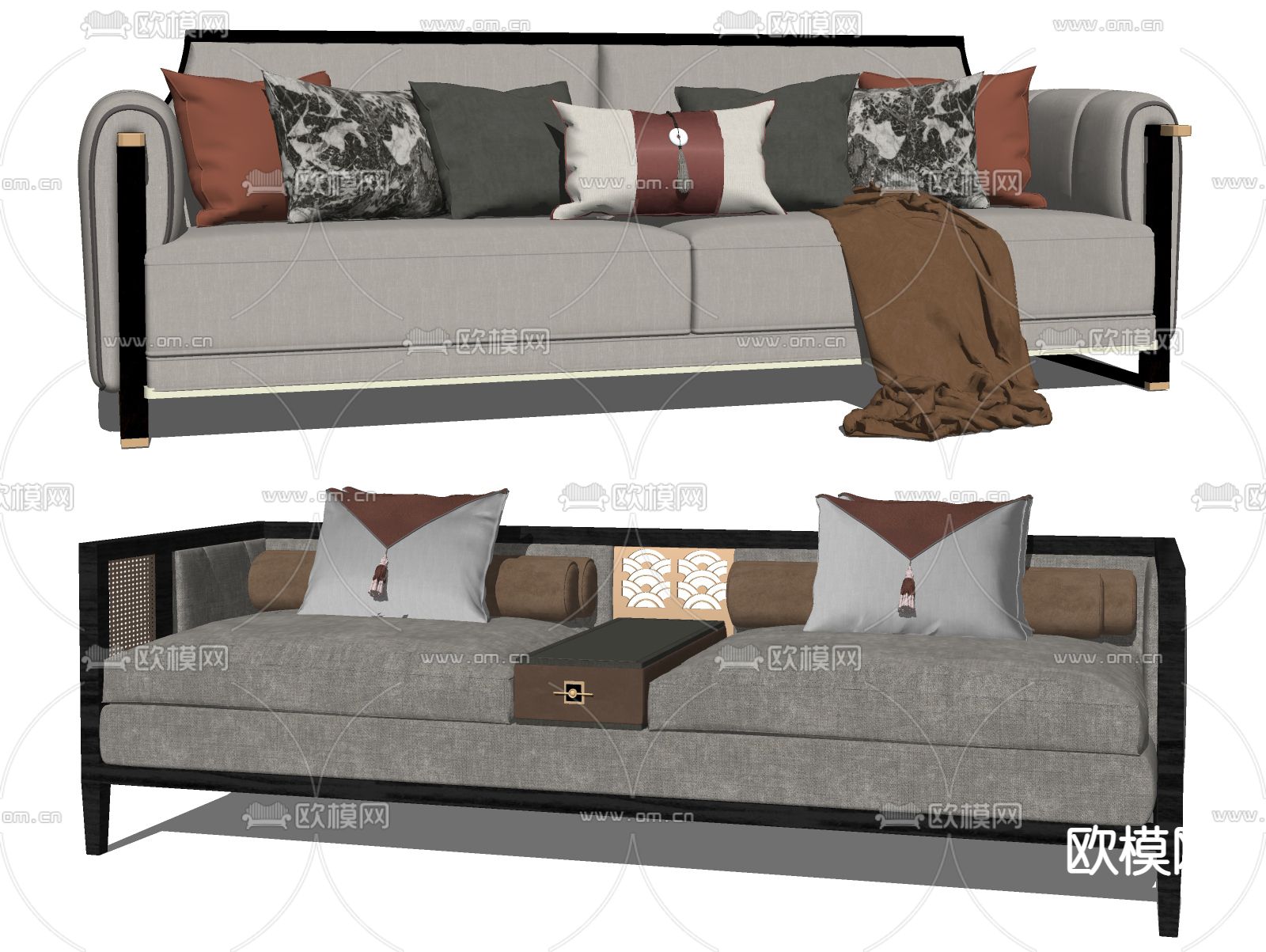 新中式布艺多人沙发su模型下载（渲染图2）